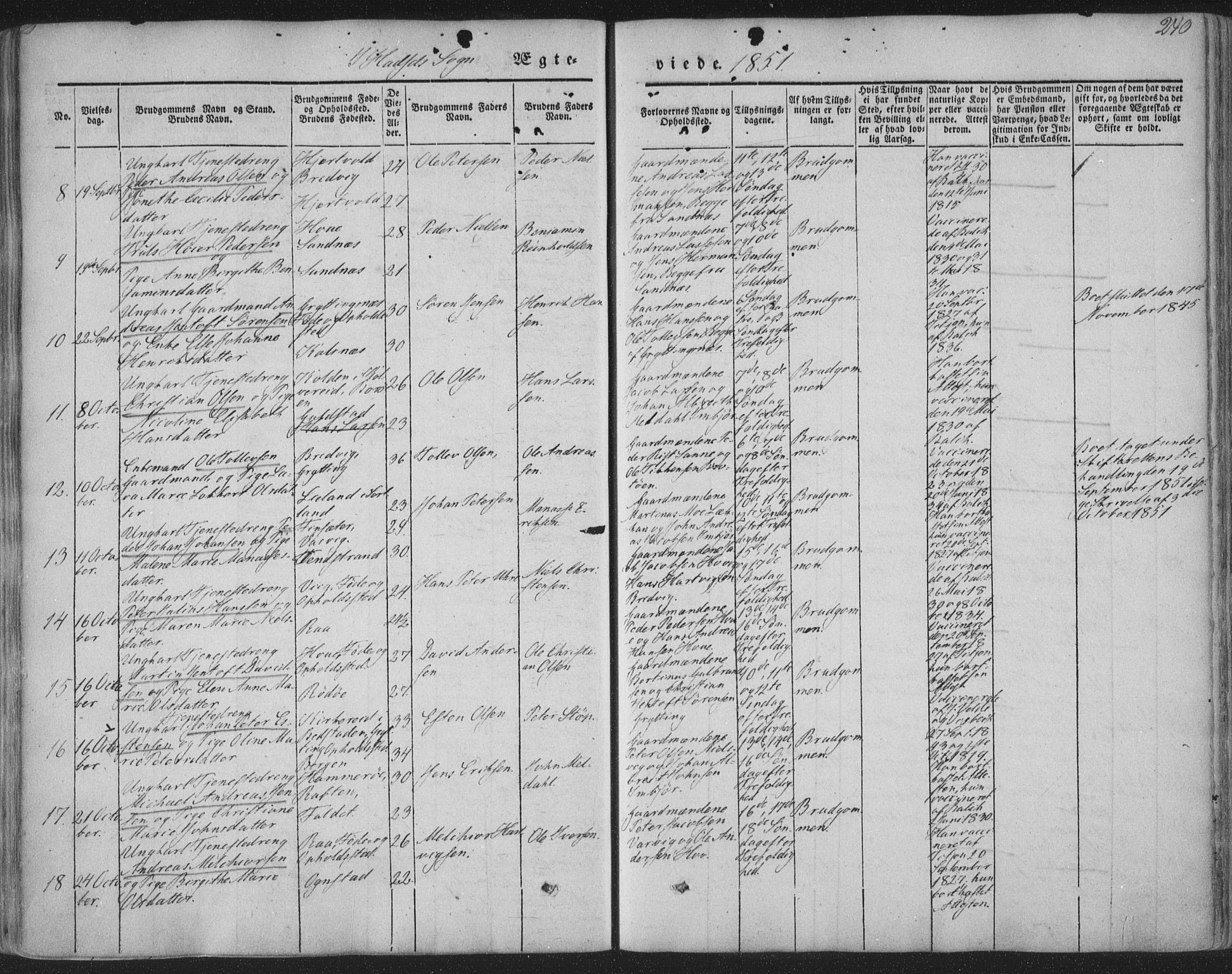 Ministerialprotokoller, klokkerbøker og fødselsregistre - Nordland, AV/SAT-A-1459/888/L1241: Parish register (official) no. 888A07, 1849-1869, p. 240