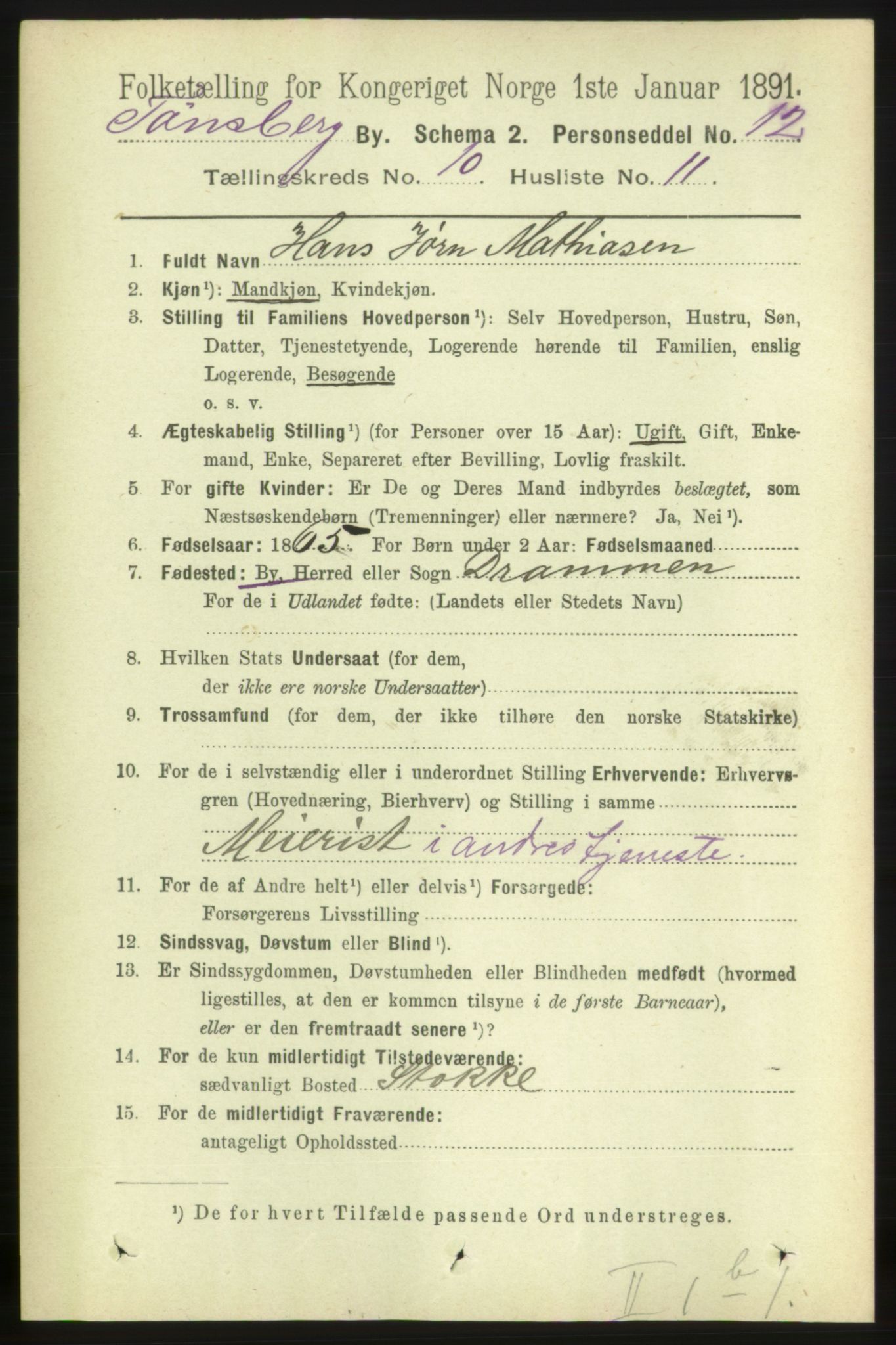 RA, 1891 census for 0705 Tønsberg, 1891, p. 3752