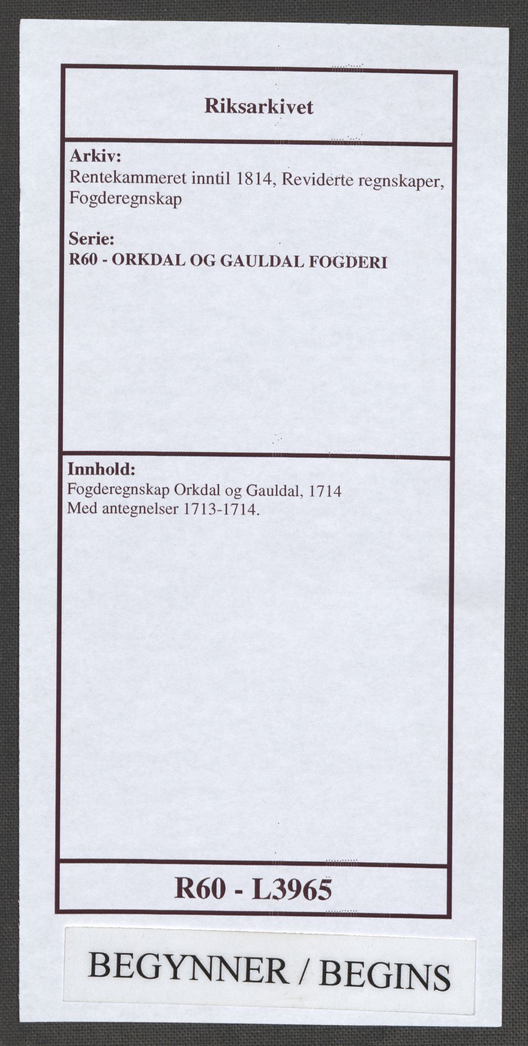 Rentekammeret inntil 1814, Reviderte regnskaper, Fogderegnskap, AV/RA-EA-4092/R60/L3965: Fogderegnskap Orkdal og Gauldal, 1714, p. 1