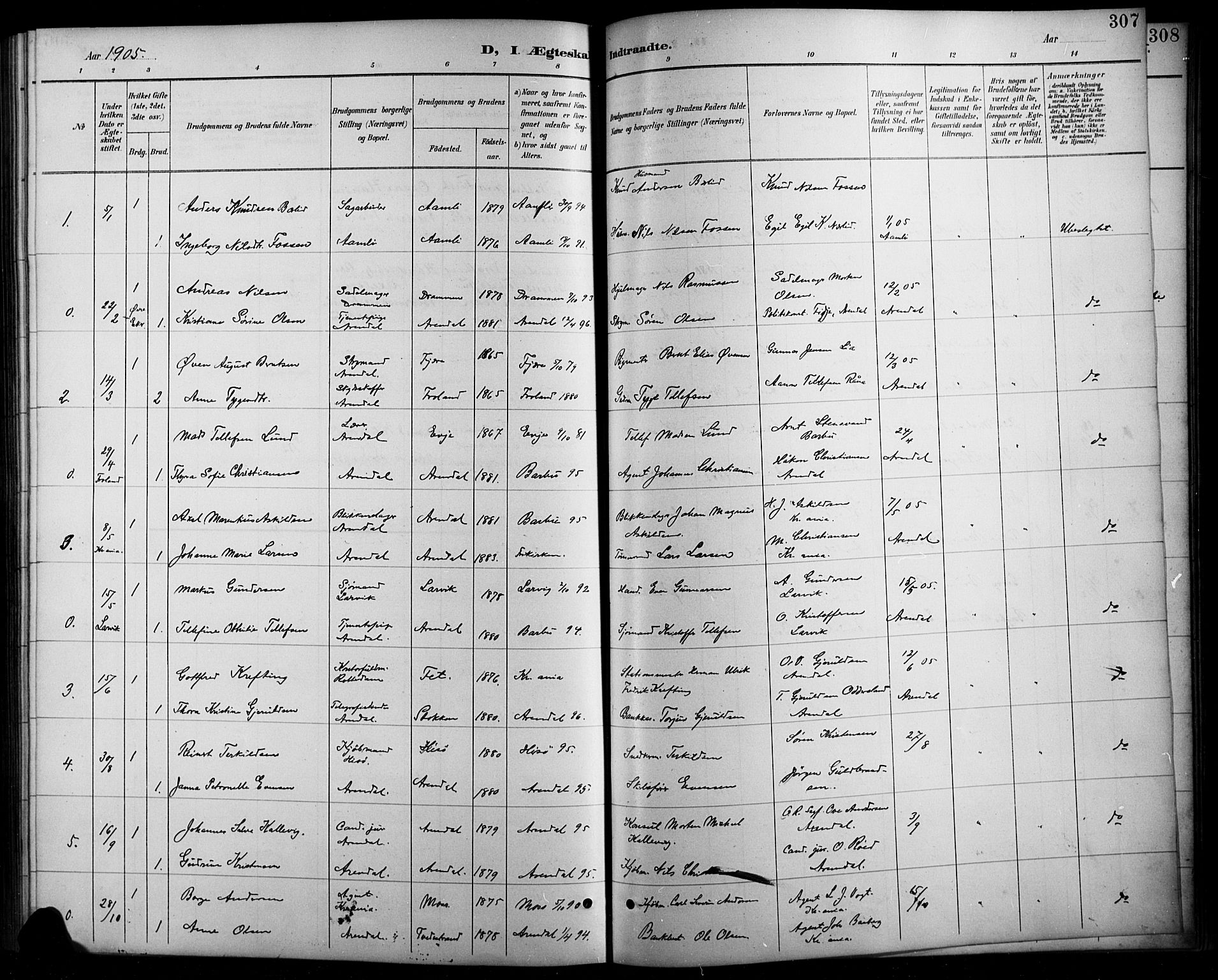 Arendal sokneprestkontor, Trefoldighet, SAK/1111-0040/F/Fb/L0006: Parish register (copy) no. B 6, 1889-1916, p. 307