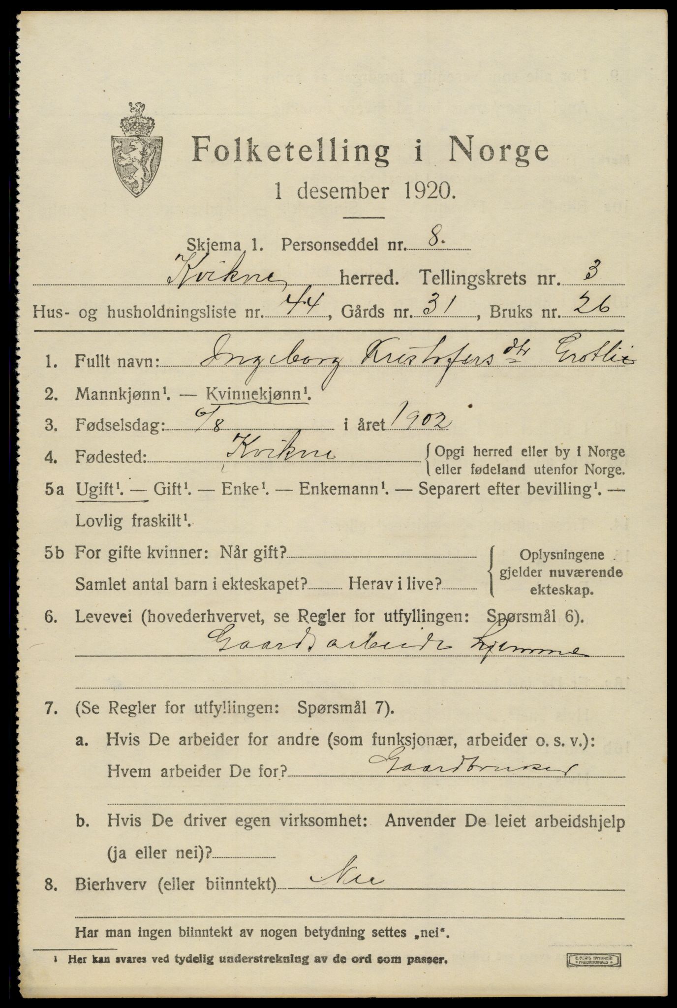 SAH, 1920 census for Kvikne, 1920, p. 1616