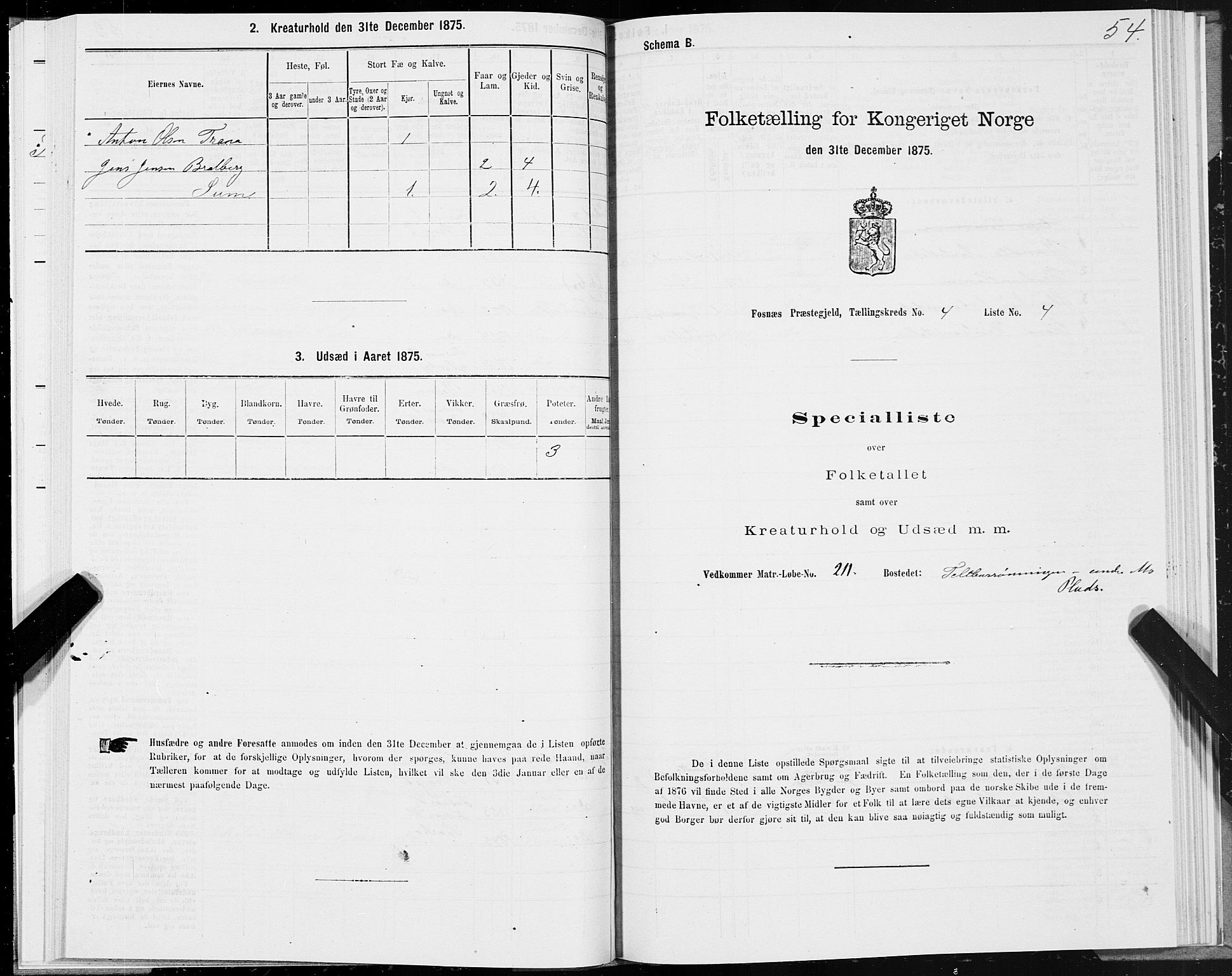 SAT, 1875 census for 1748P Fosnes, 1875, p. 2054