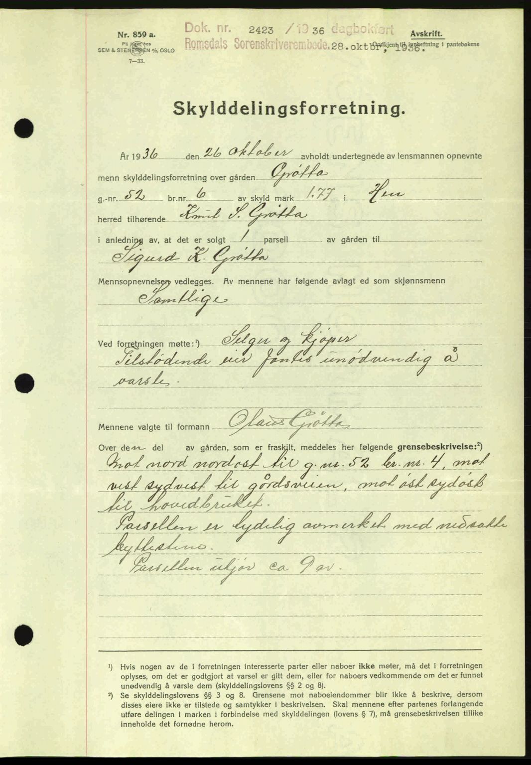 Romsdal sorenskriveri, SAT/A-4149/1/2/2C: Mortgage book no. A2, 1936-1937, Diary no: : 2423/1936