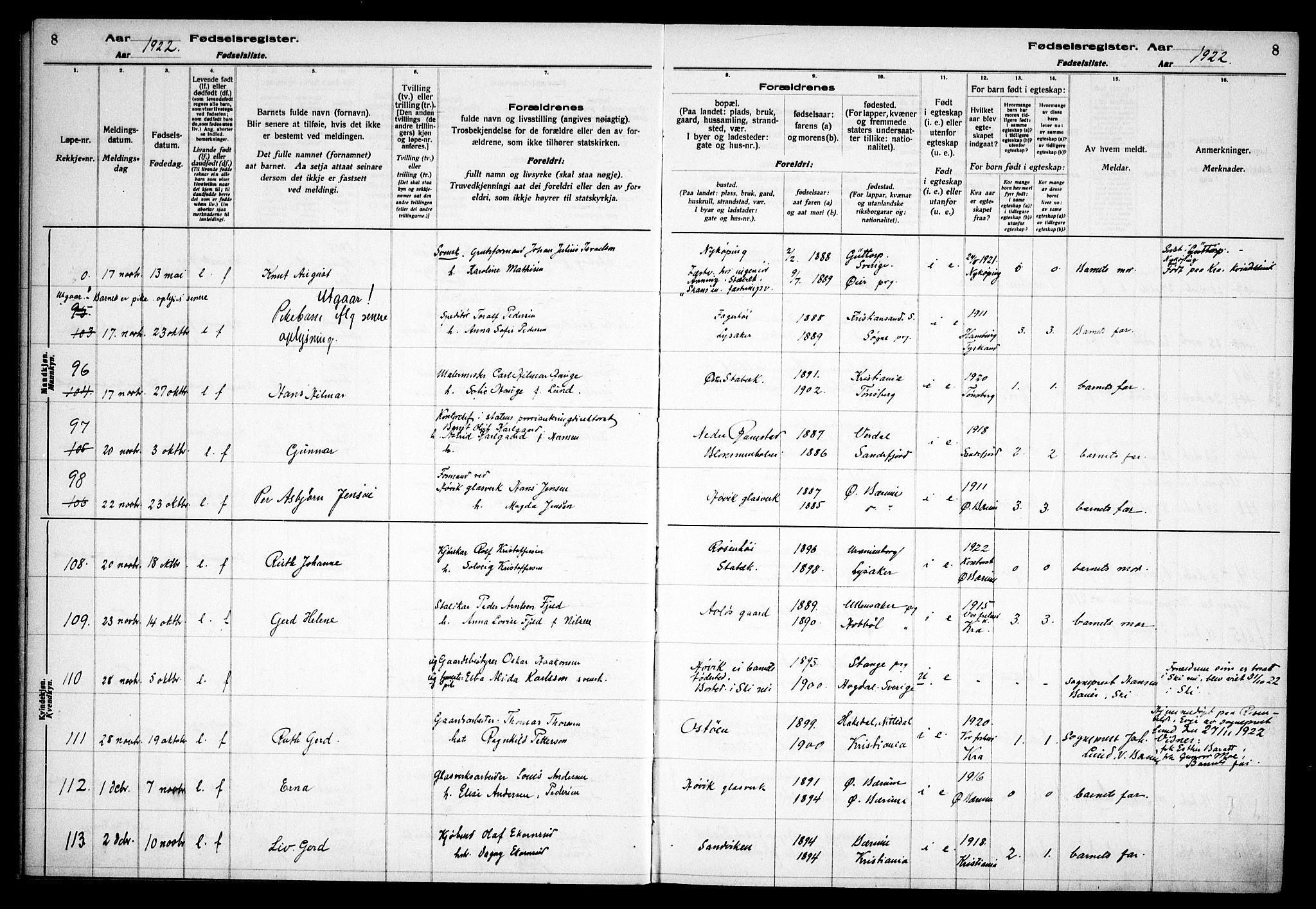 Østre Bærum prestekontor Kirkebøker, AV/SAO-A-10887/J/Ja/L0002: Birth register no. 2, 1922-1928, p. 8