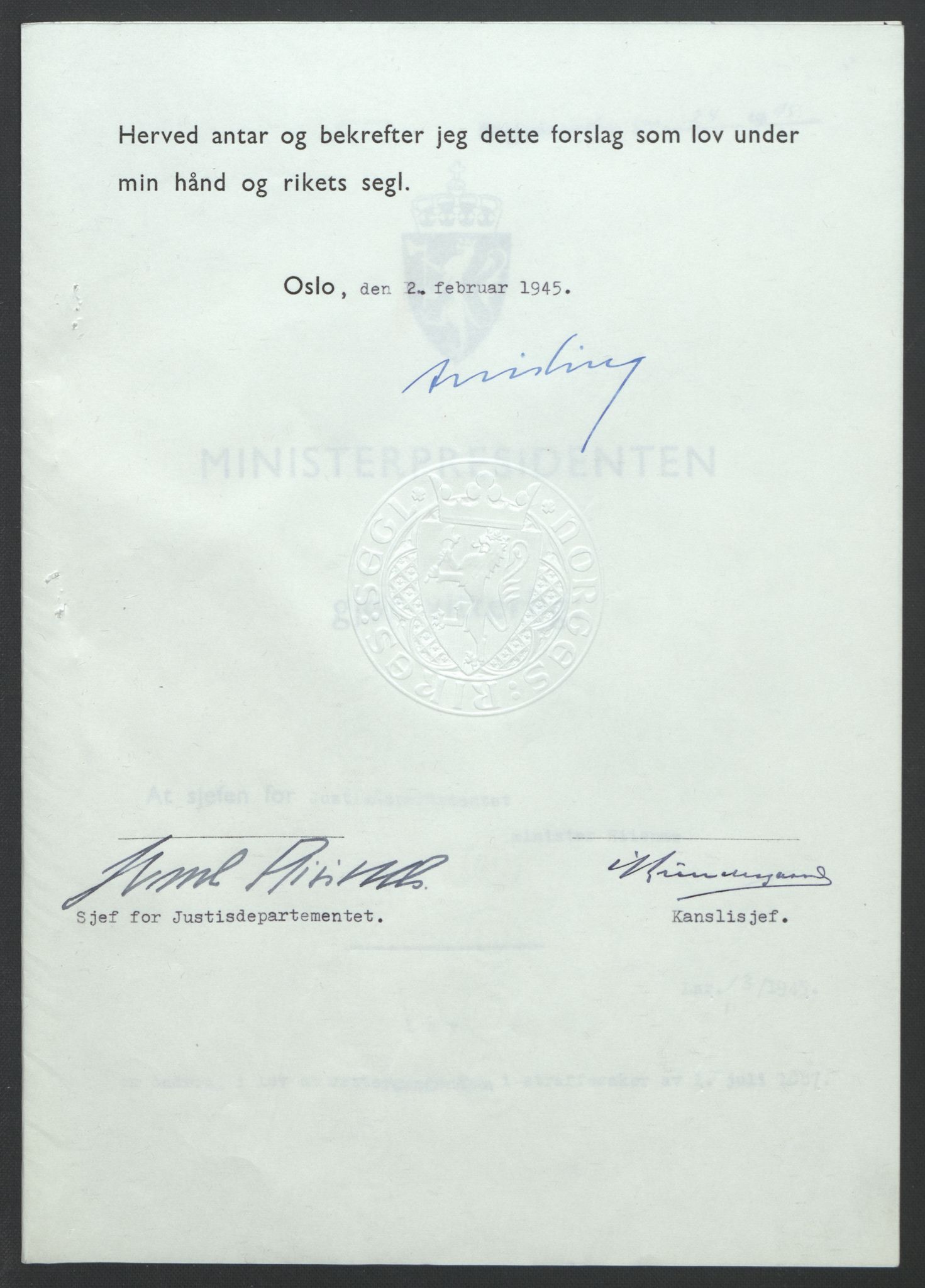 NS-administrasjonen 1940-1945 (Statsrådsekretariatet, de kommisariske statsråder mm), AV/RA-S-4279/D/Db/L0101/0001: -- / Lover og vedtak, 1945, p. 56