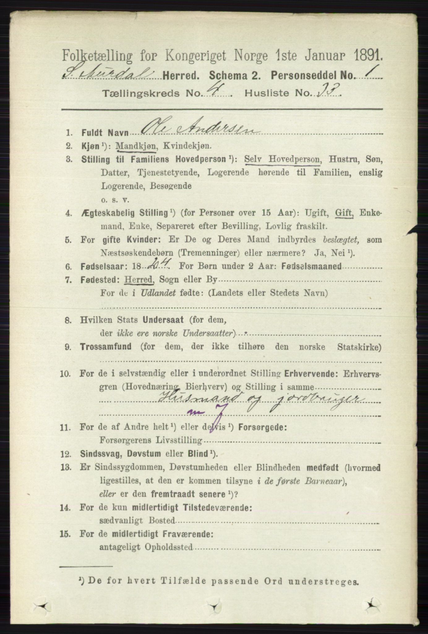 RA, 1891 census for 0540 Sør-Aurdal, 1891, p. 2920