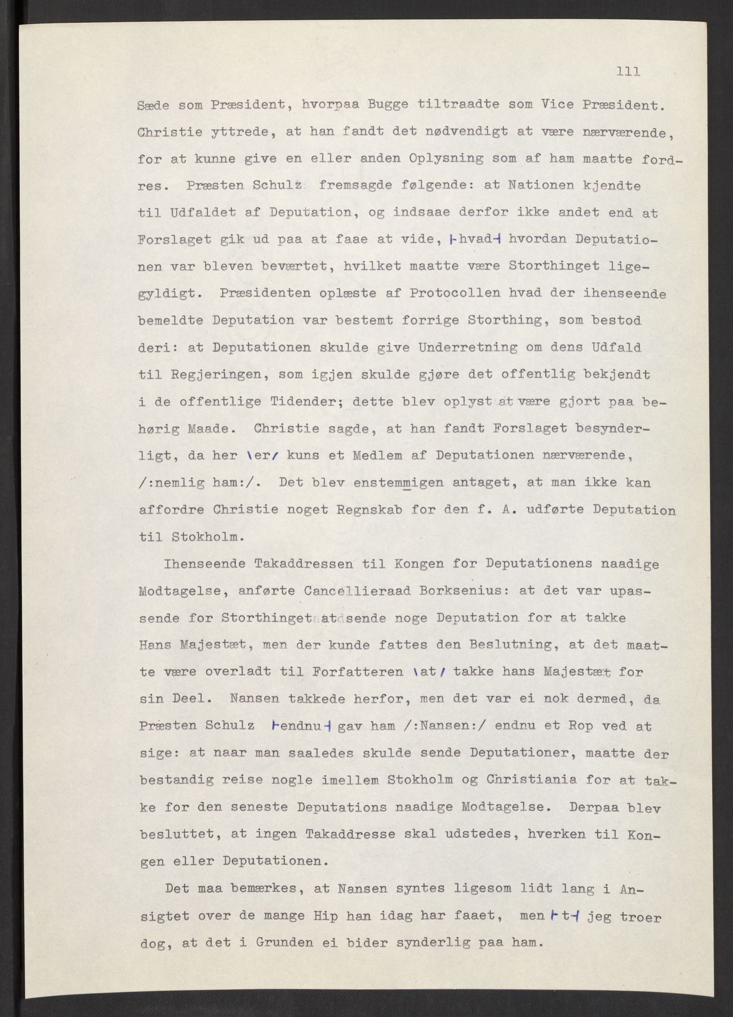 Manuskriptsamlingen, AV/RA-EA-3667/F/L0197: Wetlesen, Hans Jørgen (stortingsmann, ingeniørkaptein); Referat fra Stortinget 1815-1816, 1815-1816, p. 111