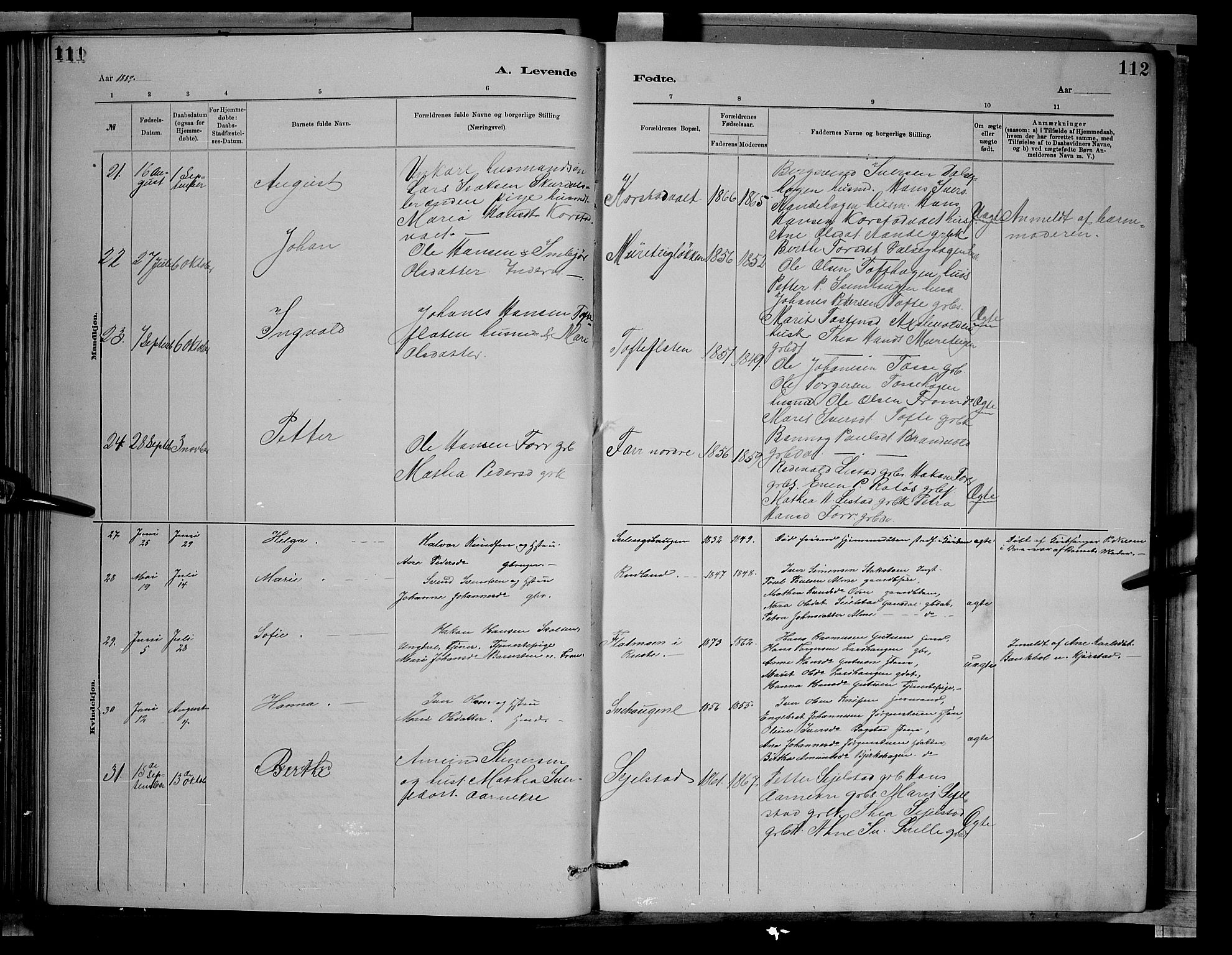 Sør-Fron prestekontor, AV/SAH-PREST-010/H/Ha/Hab/L0003: Parish register (copy) no. 3, 1884-1896, p. 111-112