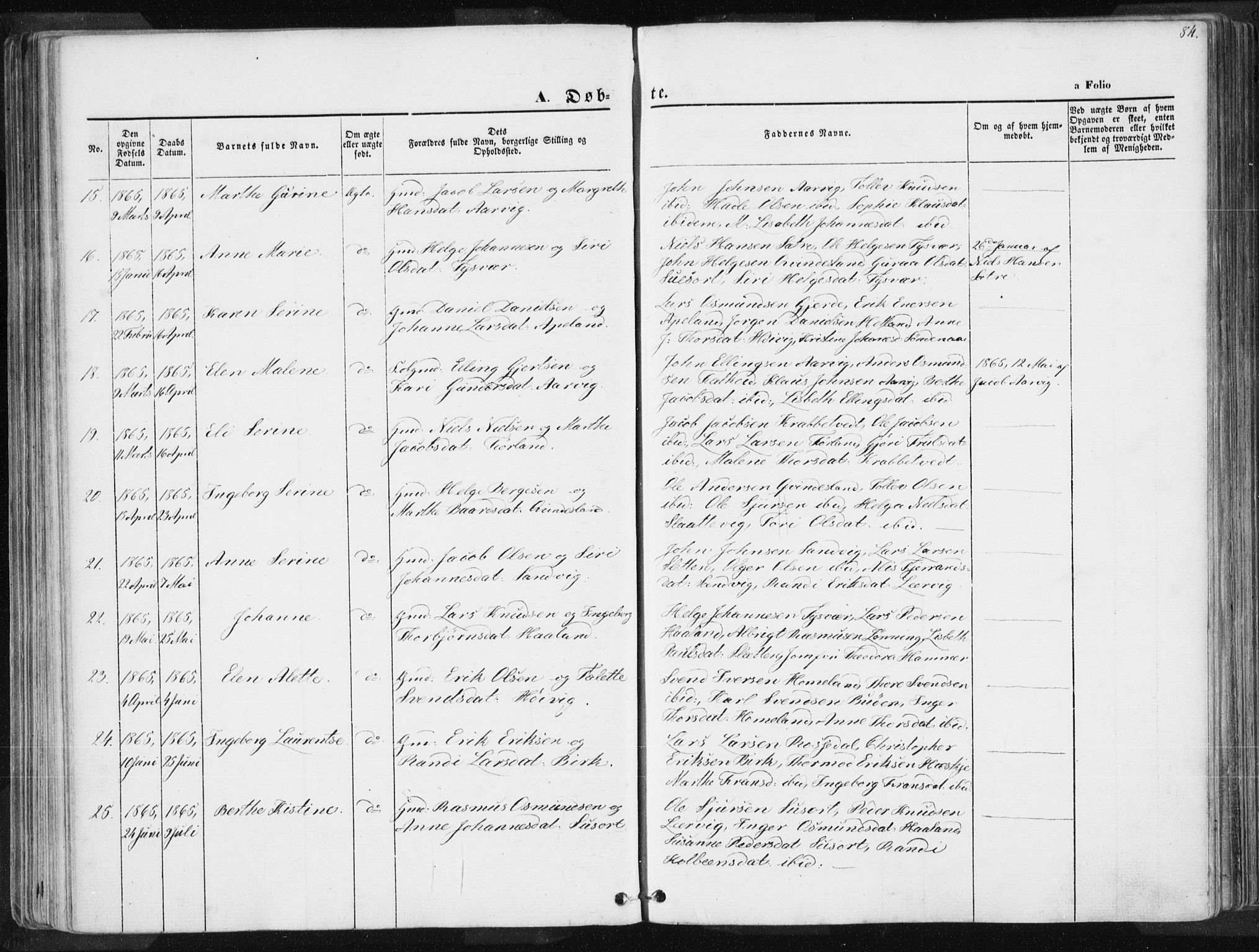 Tysvær sokneprestkontor, SAST/A -101864/H/Ha/Haa/L0003: Parish register (official) no. A 3, 1856-1865, p. 84
