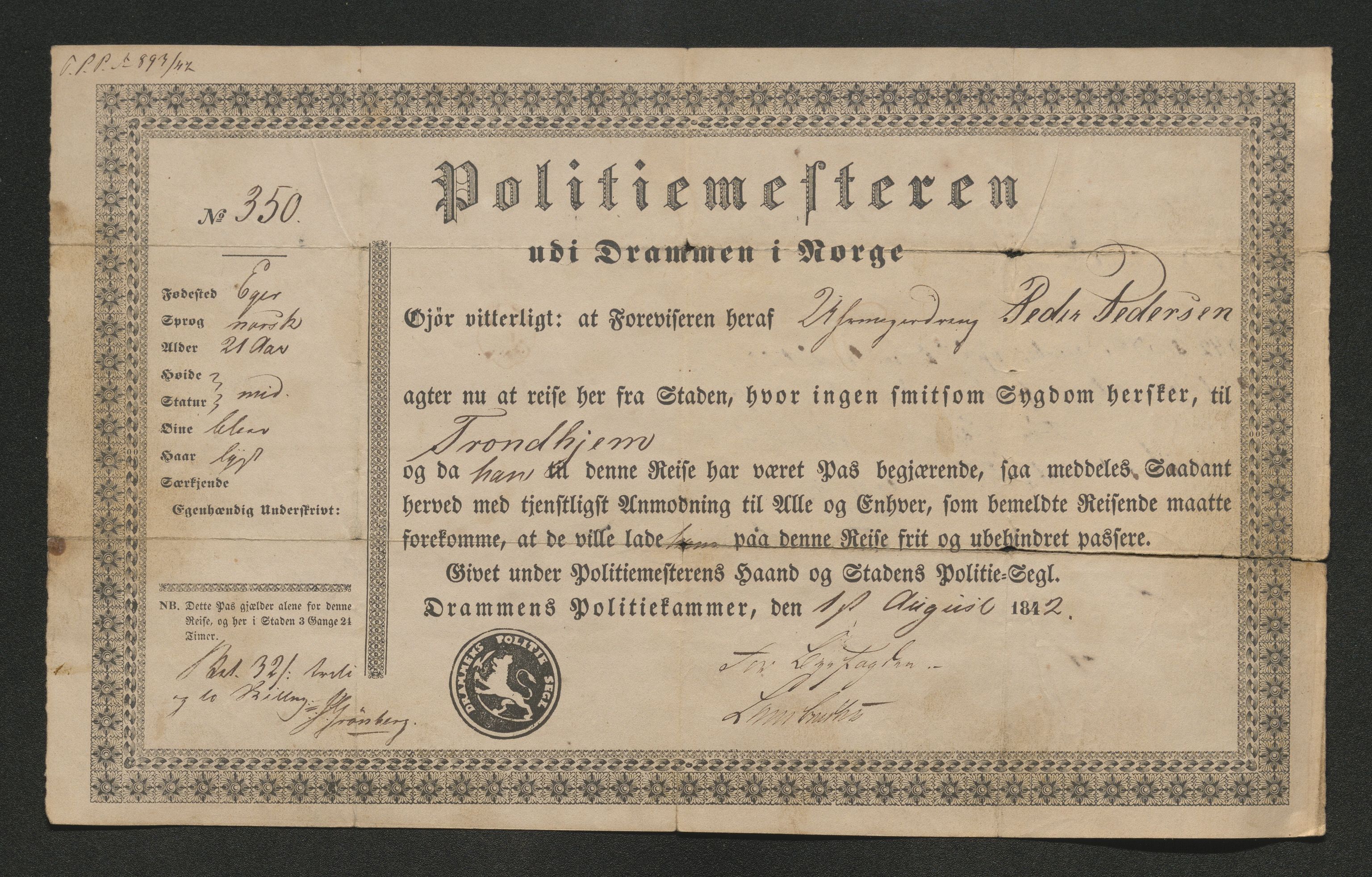 Drammen politikammer, AV/SAKO-A-623/I/Ia/Iab/L0007: Innleverte pass, 1843-1844, p. 129
