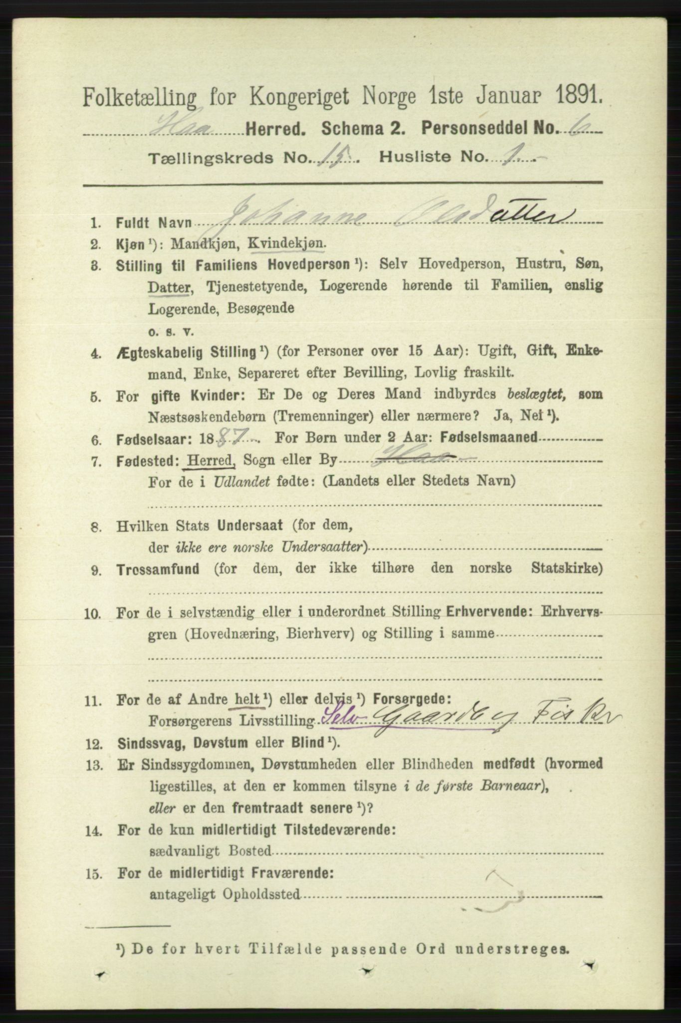 RA, 1891 census for 1119 Hå, 1891, p. 3644