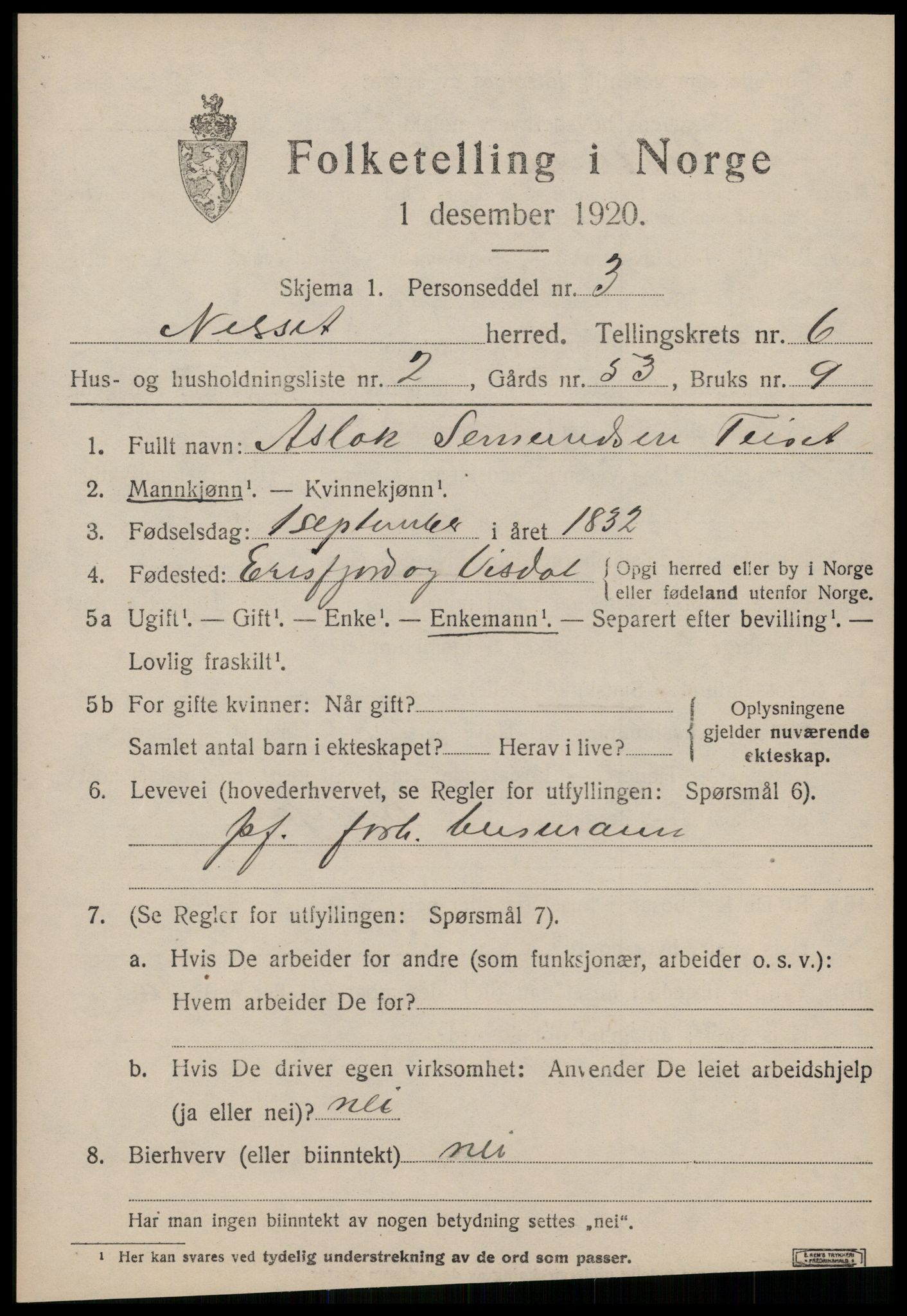 SAT, 1920 census for Nesset, 1920, p. 2814