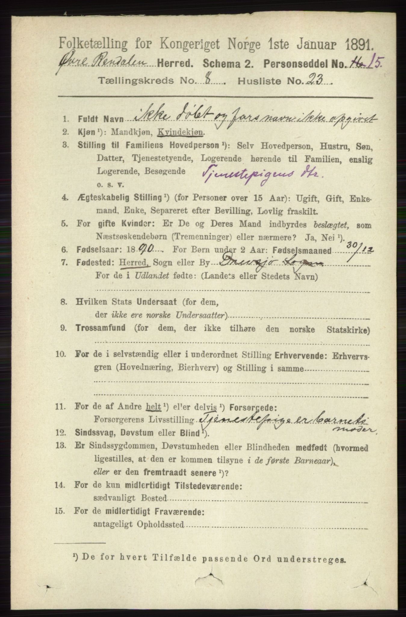 RA, 1891 census for 0433 Øvre Rendal, 1891, p. 2165