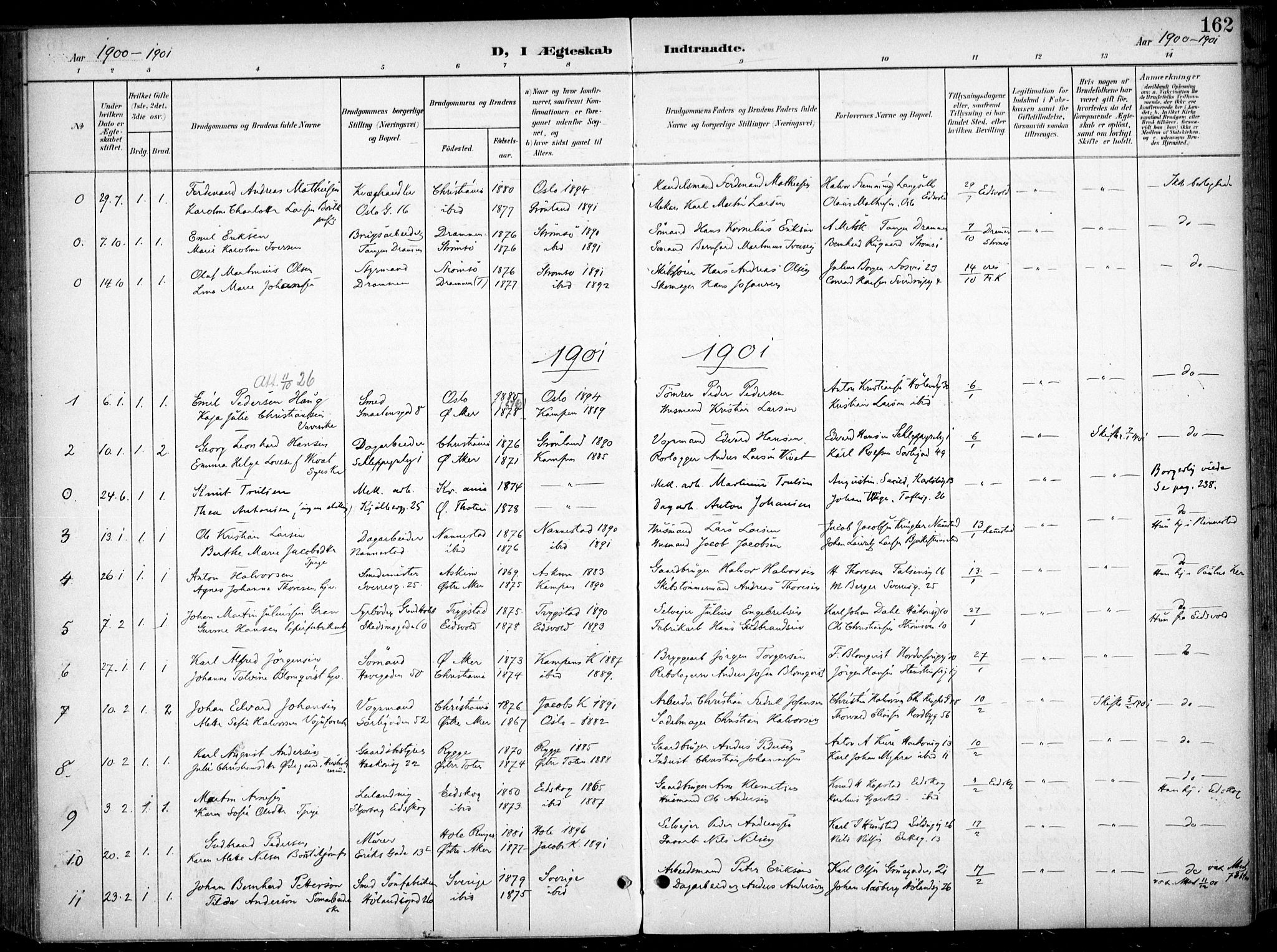 Kampen prestekontor Kirkebøker, SAO/A-10853/F/Fa/L0009: Parish register (official) no. I 9, 1899-1911, p. 162