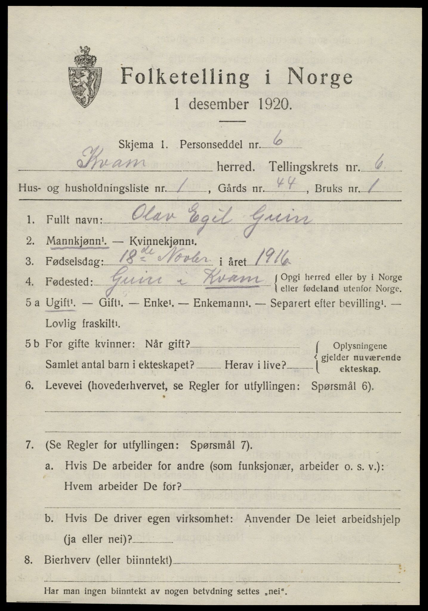 SAT, 1920 census for Kvam, 1920, p. 1593