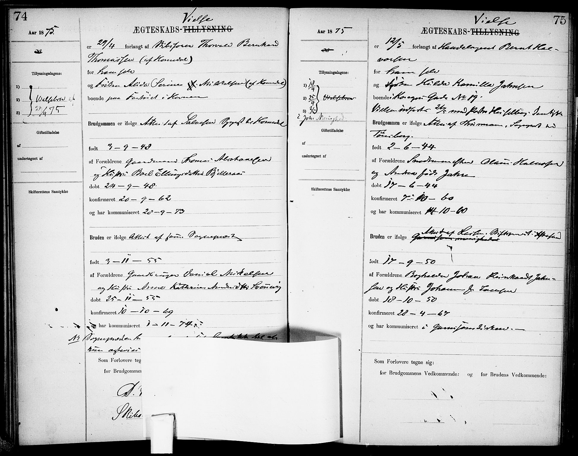 Garnisonsmenigheten Kirkebøker, AV/SAO-A-10846/H/Ha/L0007: Banns register no. I 7, 1872-1893, p. 74-75