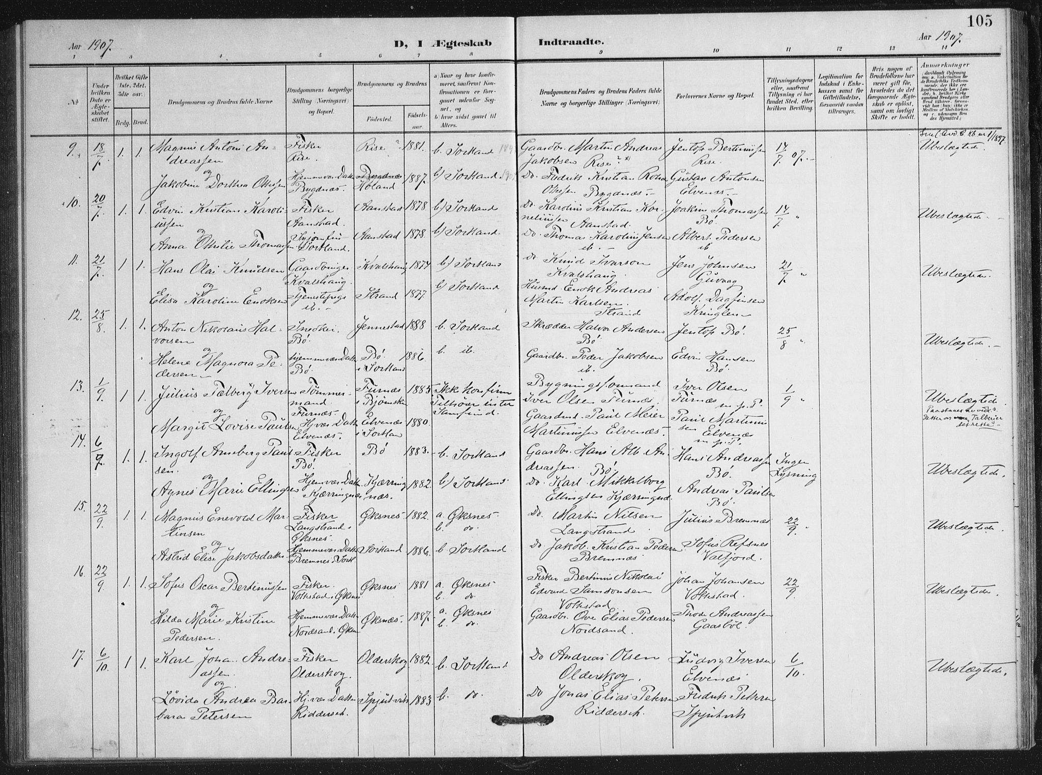 Ministerialprotokoller, klokkerbøker og fødselsregistre - Nordland, AV/SAT-A-1459/895/L1373: Parish register (official) no. 895A08, 1905-1915, p. 105