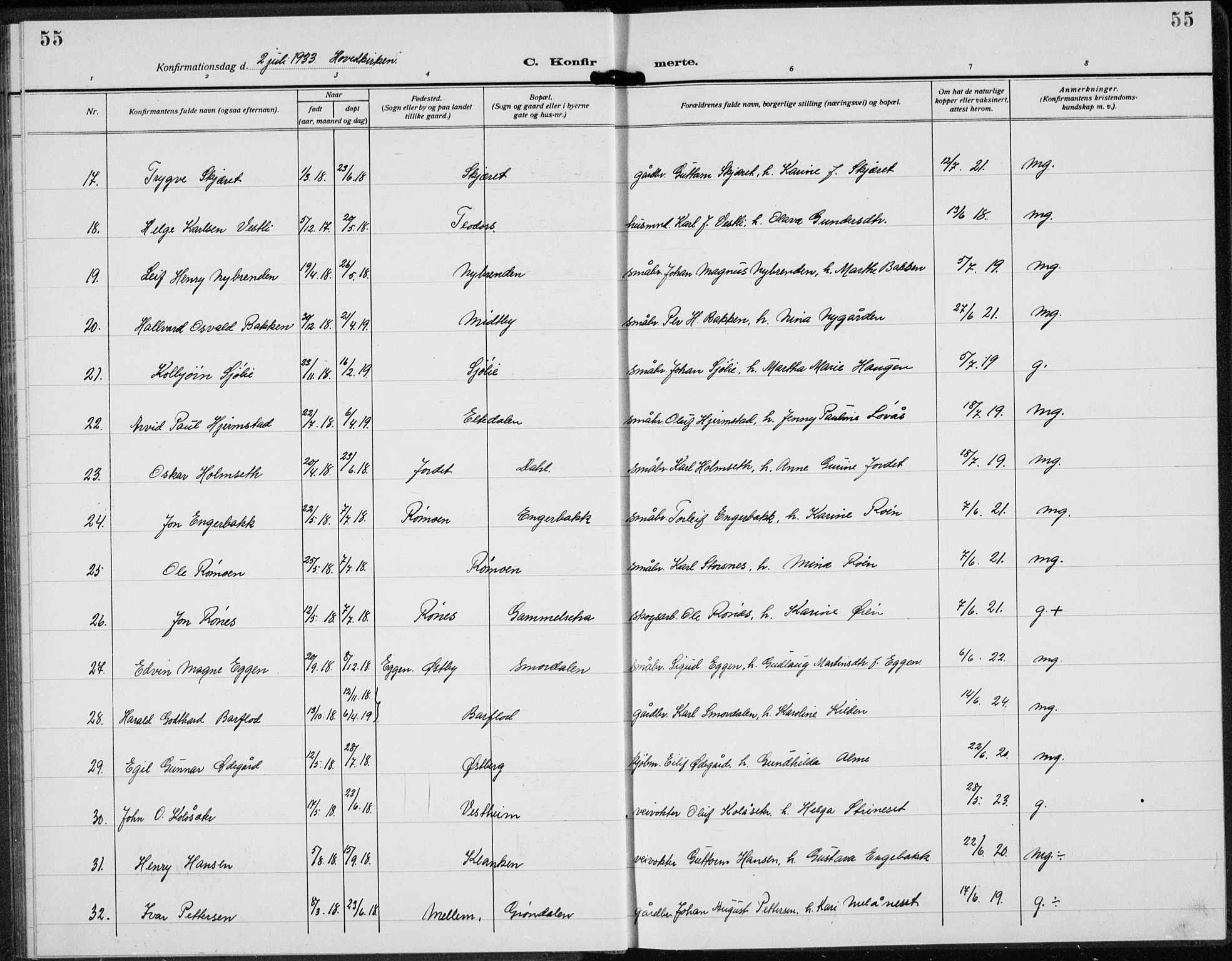 Trysil prestekontor, AV/SAH-PREST-046/H/Ha/Hab/L0010: Parish register (copy) no. 10, 1917-1937, p. 55