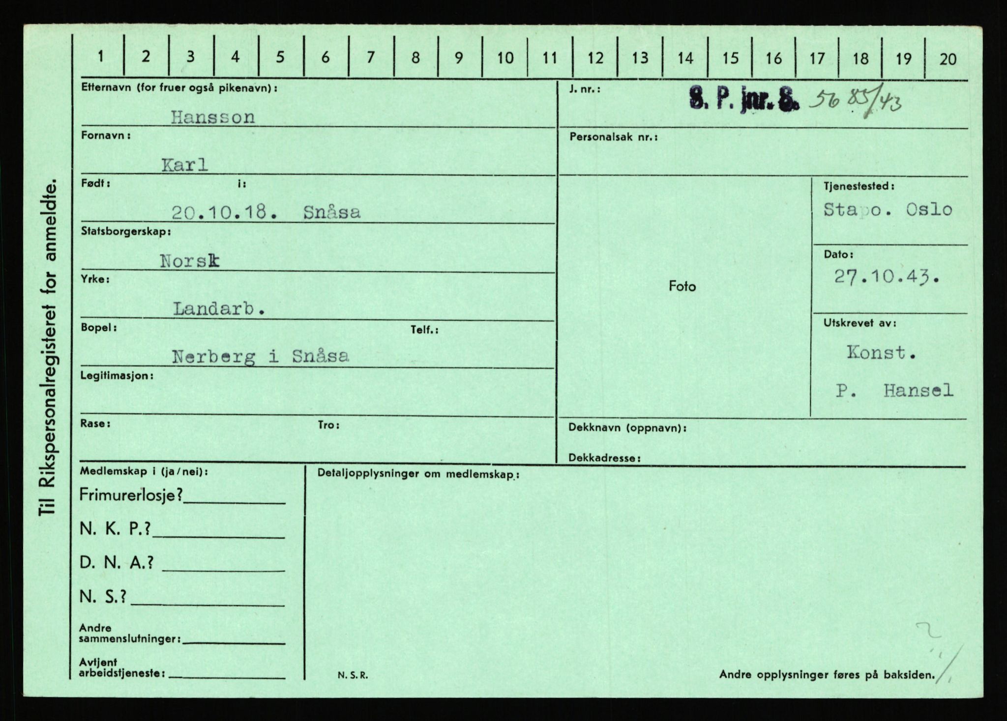 Statspolitiet - Hovedkontoret / Osloavdelingen, AV/RA-S-1329/C/Ca/L0006: Hanche - Hokstvedt, 1943-1945, p. 1724