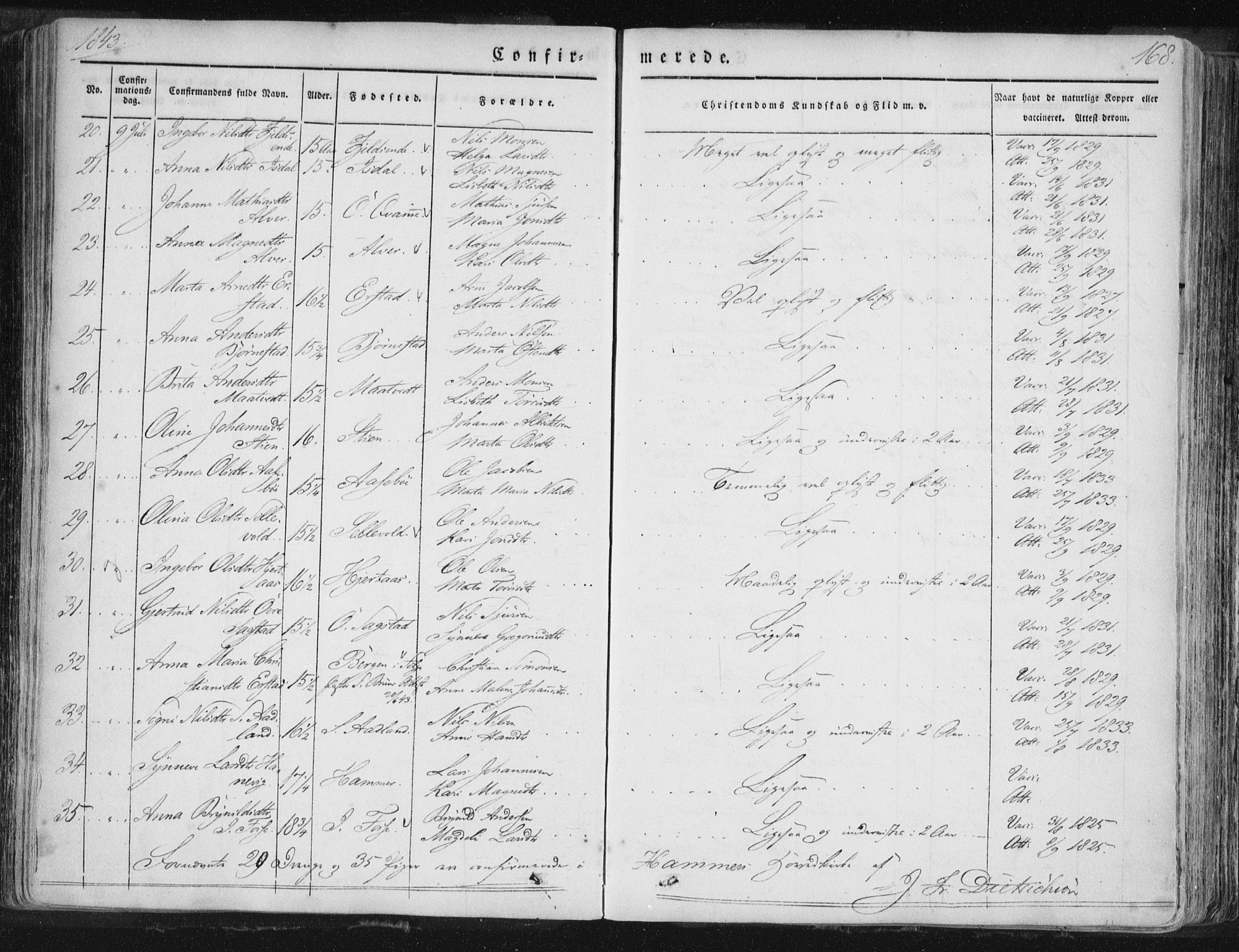 Hamre sokneprestembete, SAB/A-75501/H/Ha/Haa/Haaa/L0012: Parish register (official) no. A 12, 1834-1845, p. 168