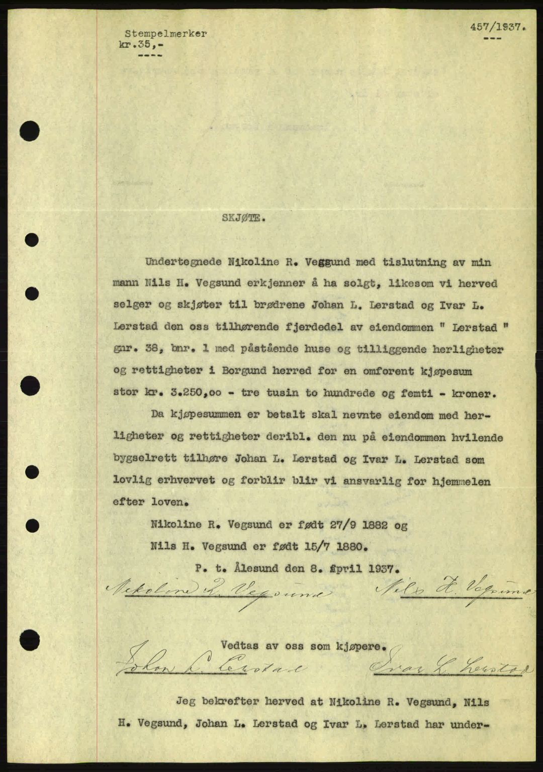 Nordre Sunnmøre sorenskriveri, AV/SAT-A-0006/1/2/2C/2Ca: Mortgage book no. A2, 1936-1937, Diary no: : 457/1937