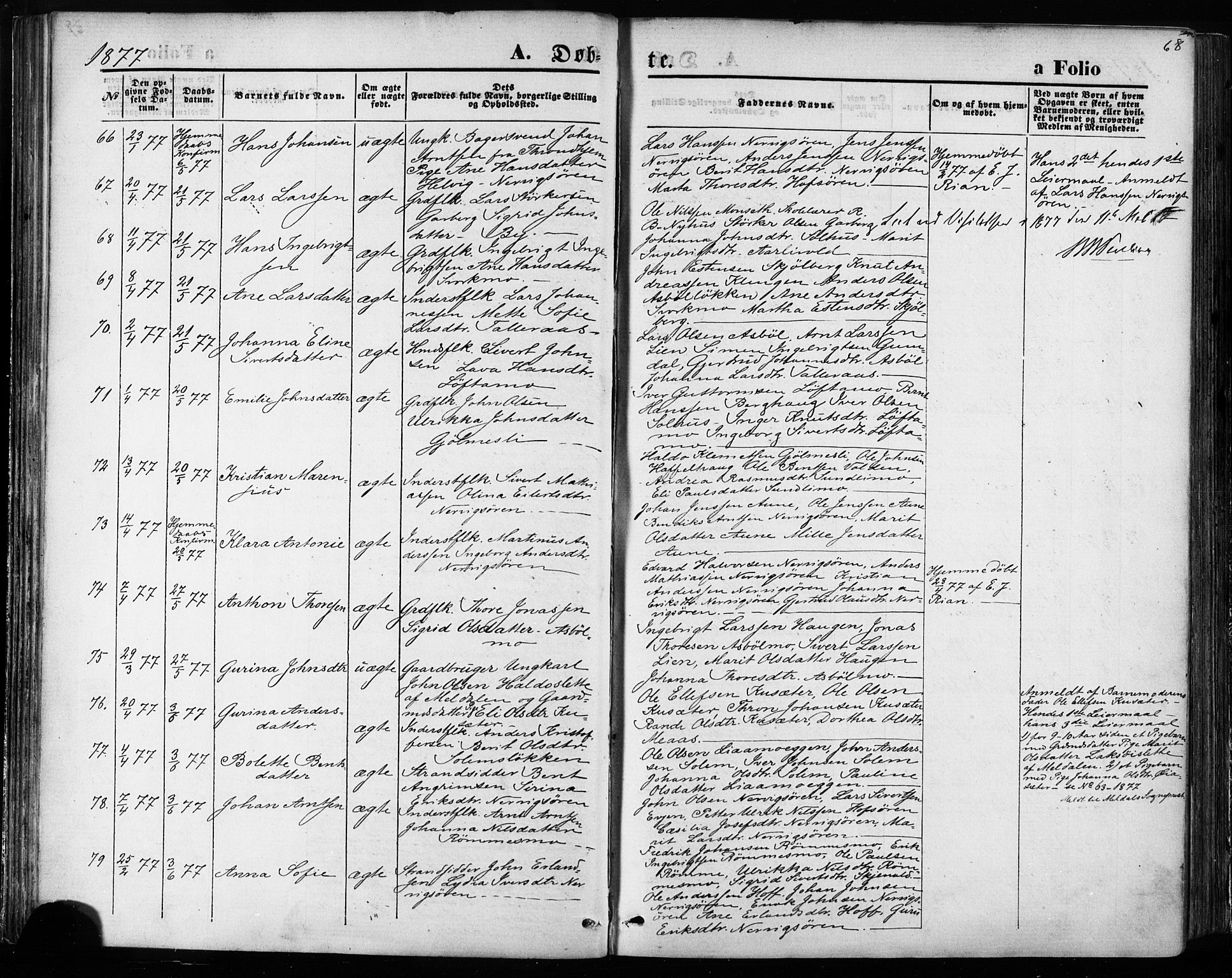 Ministerialprotokoller, klokkerbøker og fødselsregistre - Sør-Trøndelag, AV/SAT-A-1456/668/L0807: Parish register (official) no. 668A07, 1870-1880, p. 68