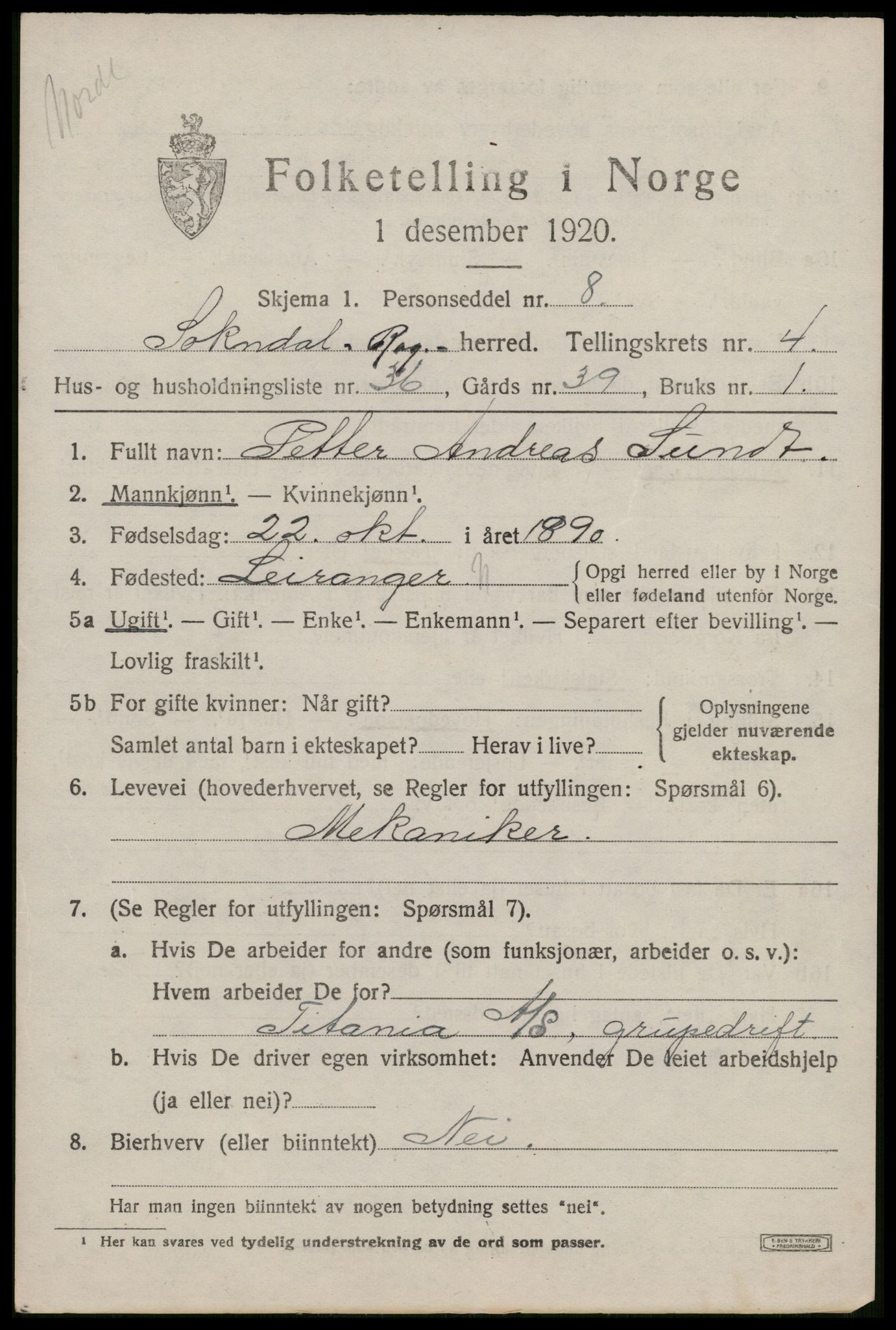 SAST, 1920 census for Sokndal, 1920, p. 3229