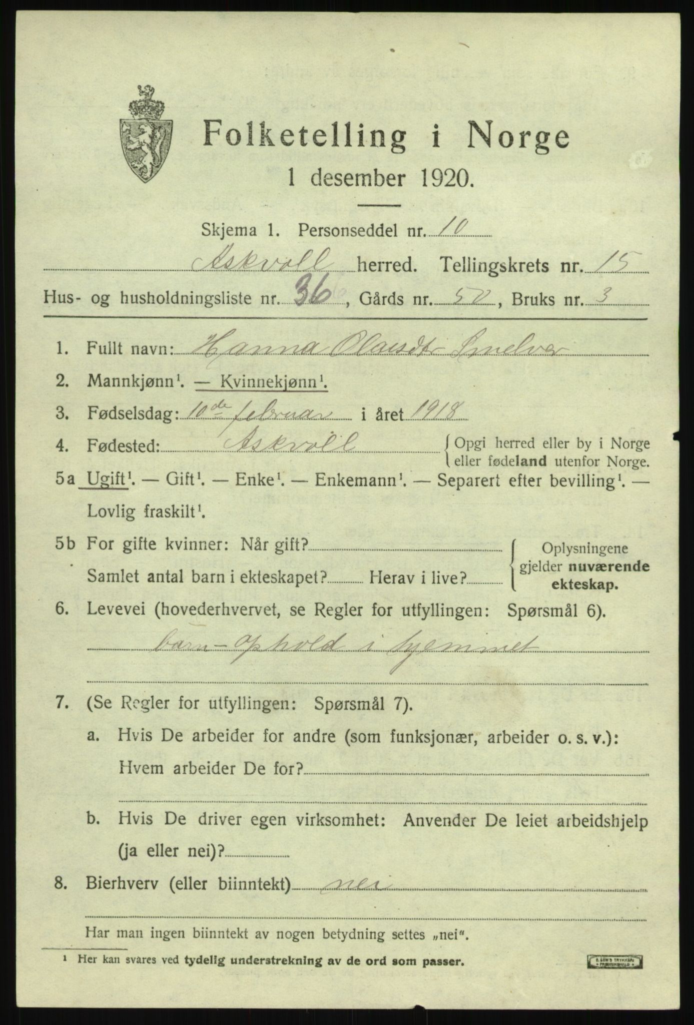 SAB, 1920 census for Askvoll, 1920, p. 5946