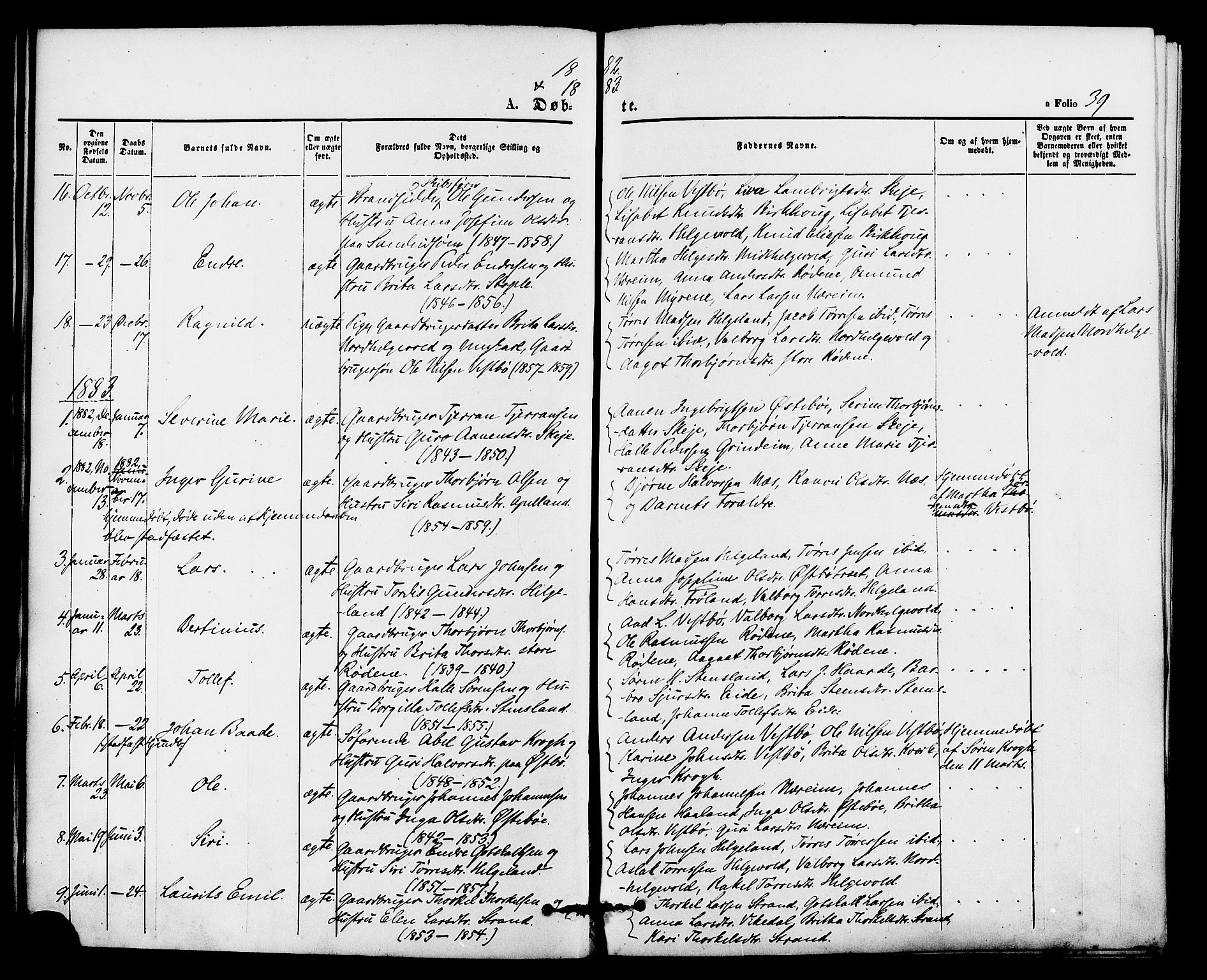 Vikedal sokneprestkontor, AV/SAST-A-101840/01/IV: Parish register (official) no. A 8, 1868-1885, p. 39