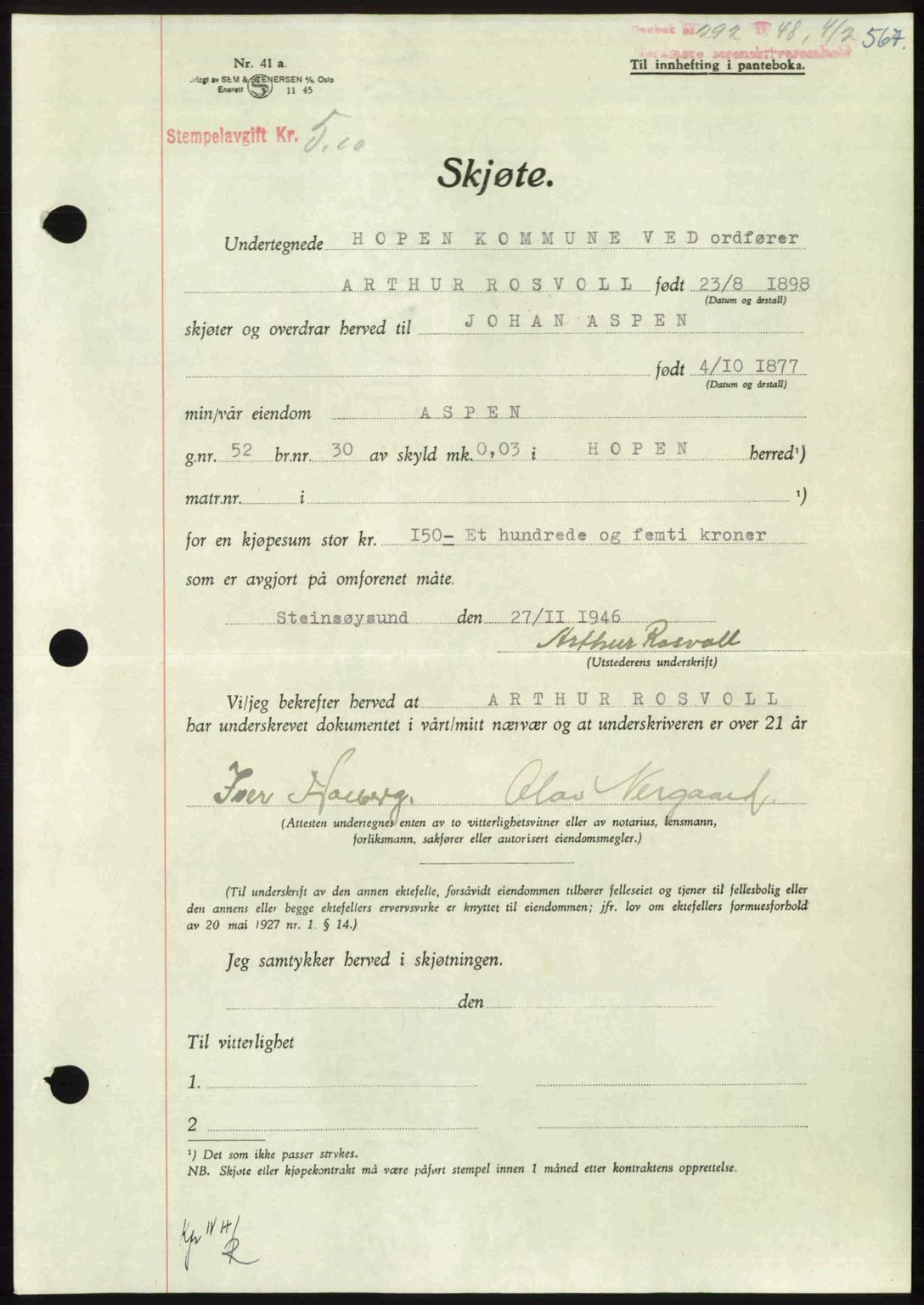 Nordmøre sorenskriveri, AV/SAT-A-4132/1/2/2Ca: Mortgage book no. A107, 1947-1948, Diary no: : 292/1948