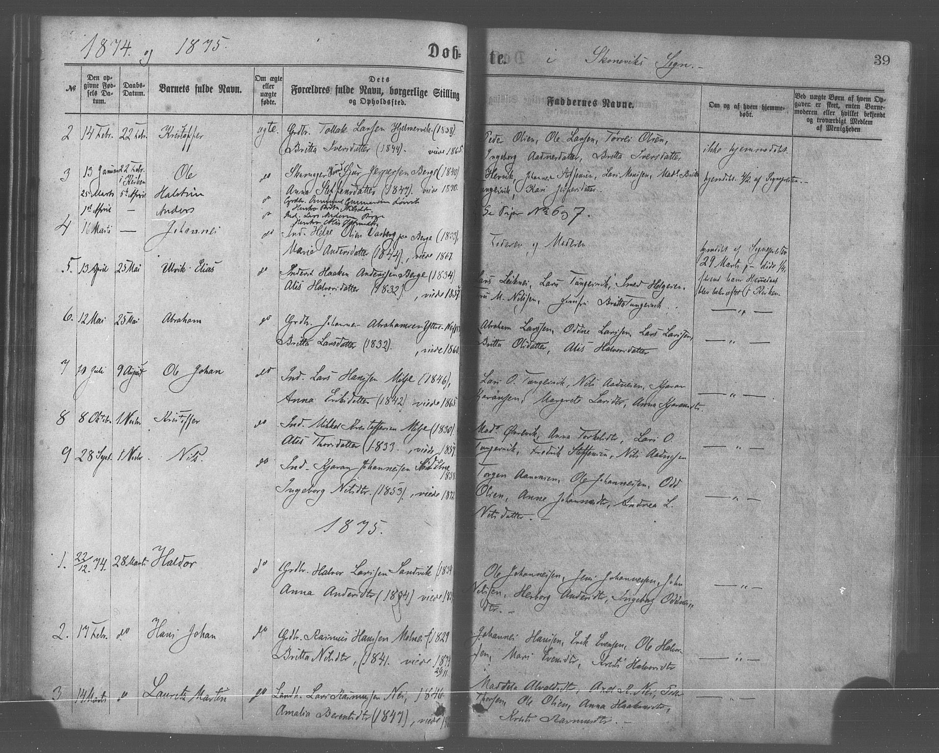 Skånevik sokneprestembete, AV/SAB-A-77801/H/Haa: Parish register (official) no. A 6, 1869-1878, p. 39