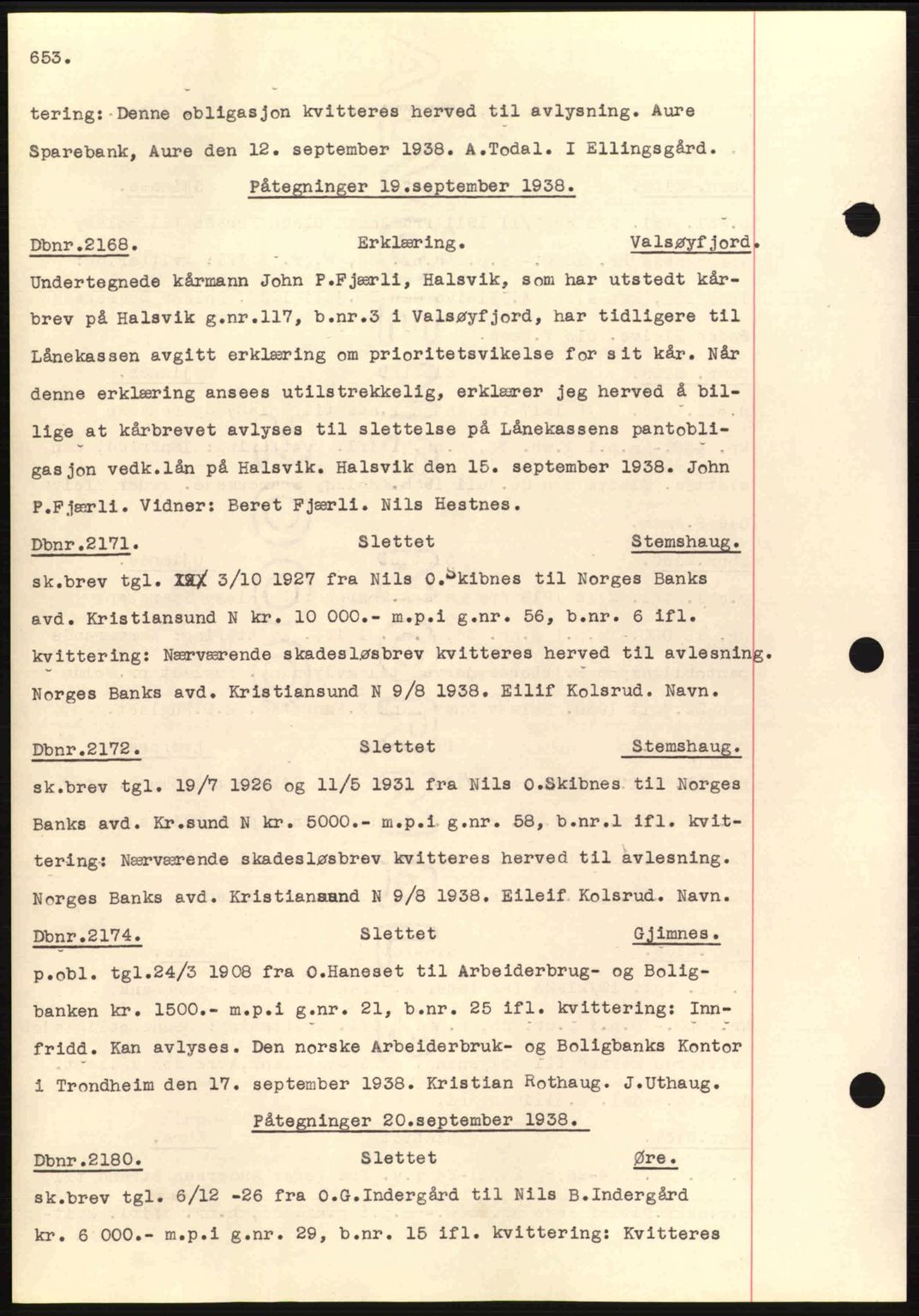 Nordmøre sorenskriveri, AV/SAT-A-4132/1/2/2Ca: Mortgage book no. C80, 1936-1939, Diary no: : 2168/1938