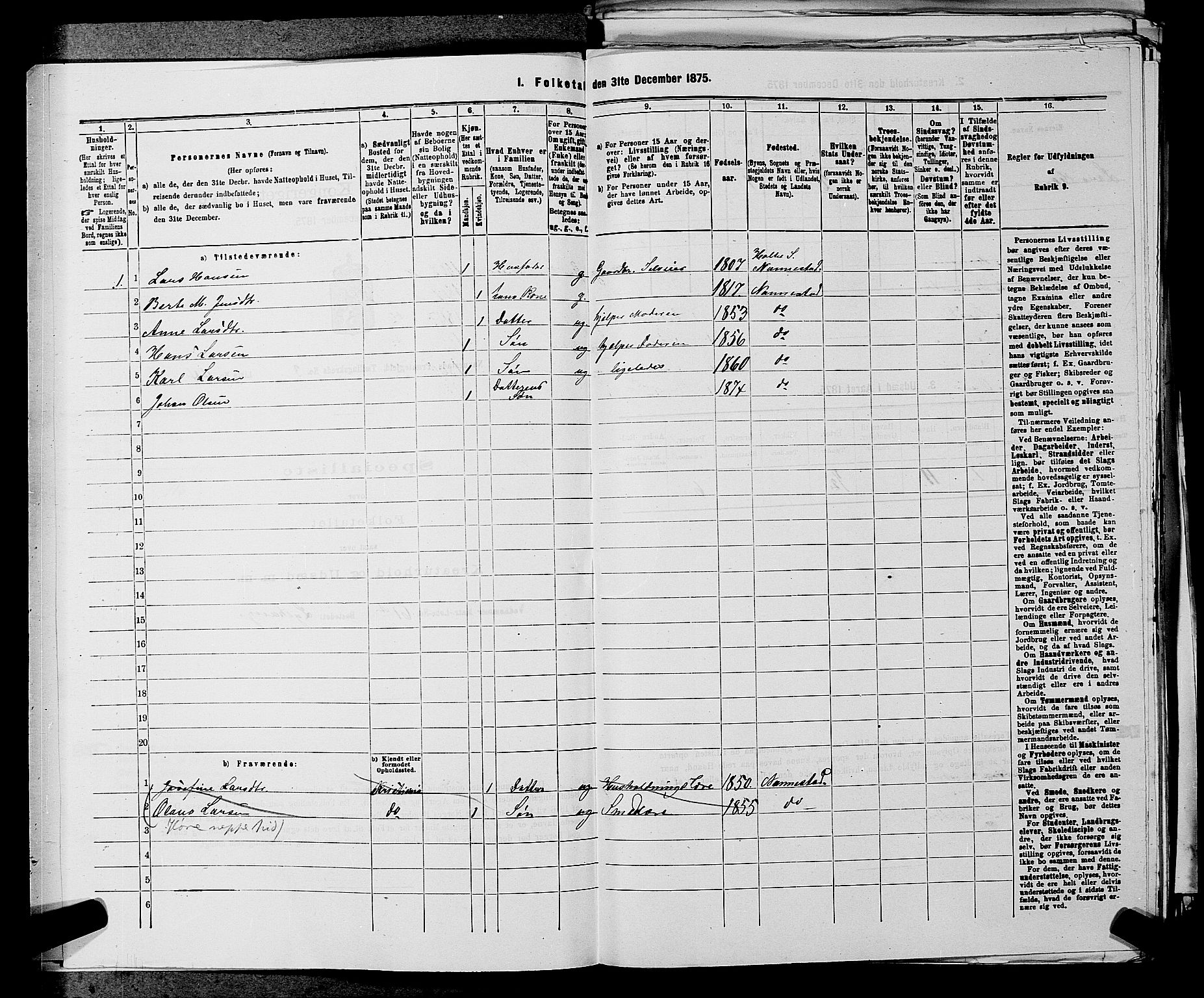 RA, 1875 census for 0238P Nannestad, 1875, p. 415