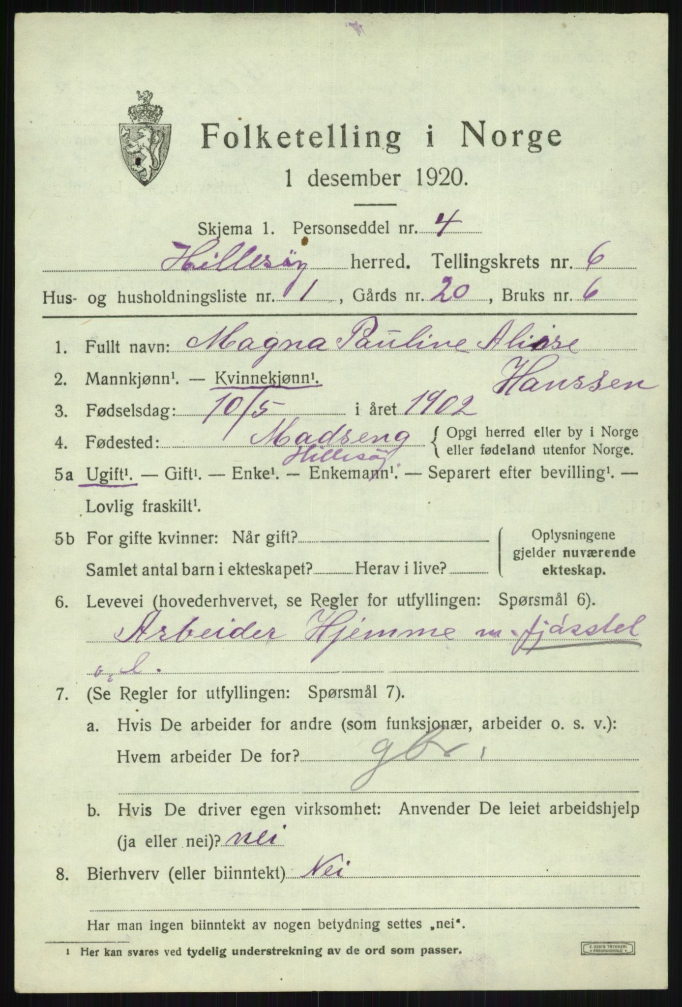 SATØ, 1920 census for Hillesøy, 1920, p. 2909