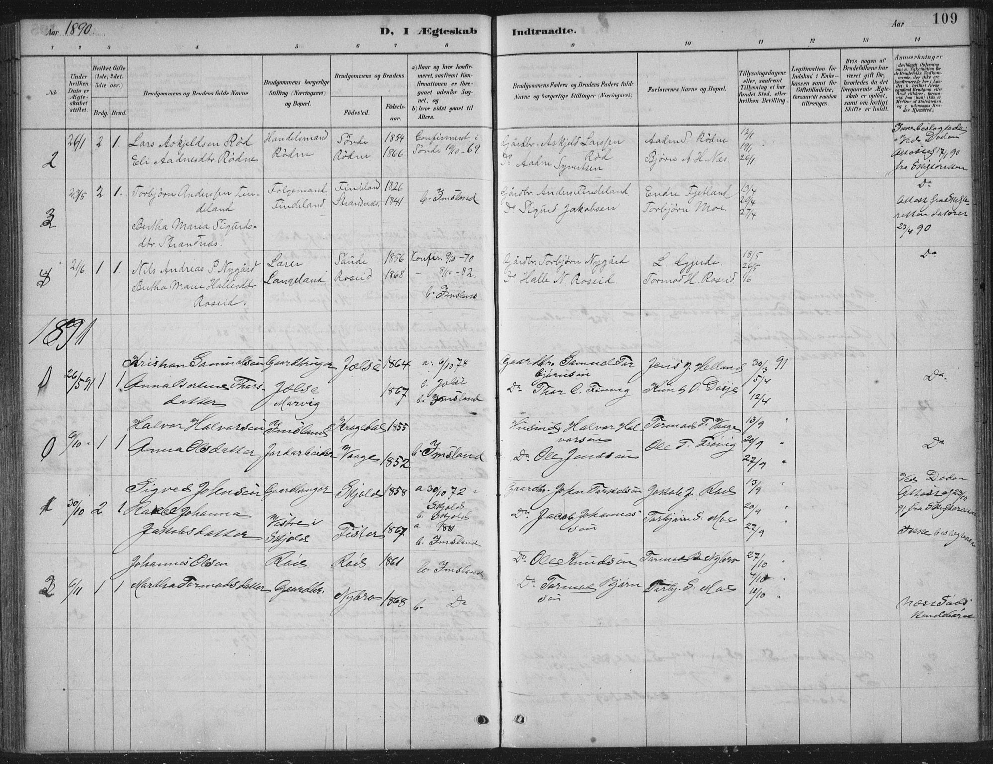 Vikedal sokneprestkontor, AV/SAST-A-101840/01/IV: Parish register (official) no. A 12, 1886-1929, p. 109