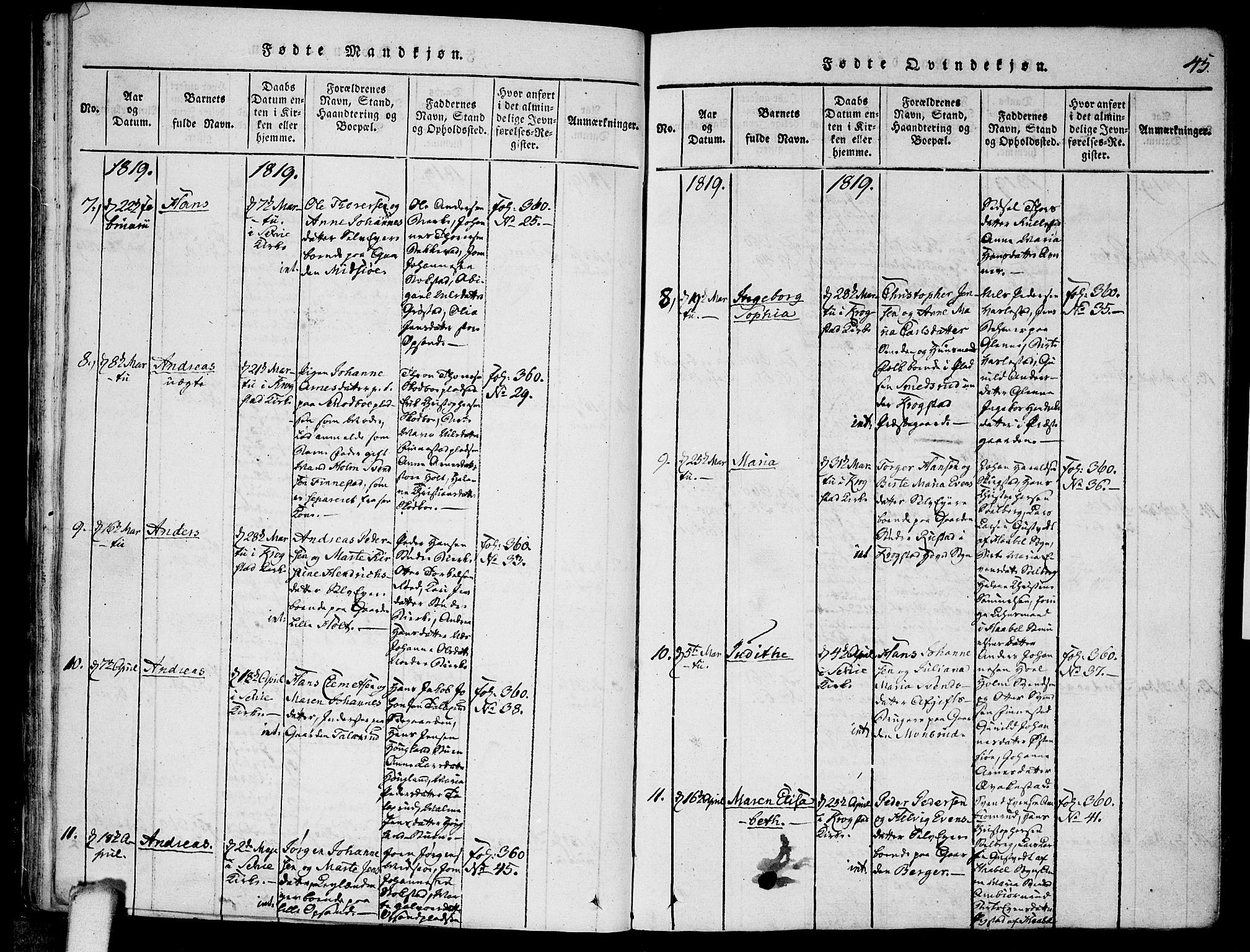 Kråkstad prestekontor Kirkebøker, AV/SAO-A-10125a/F/Fa/L0003: Parish register (official) no. I 3, 1813-1824, p. 45