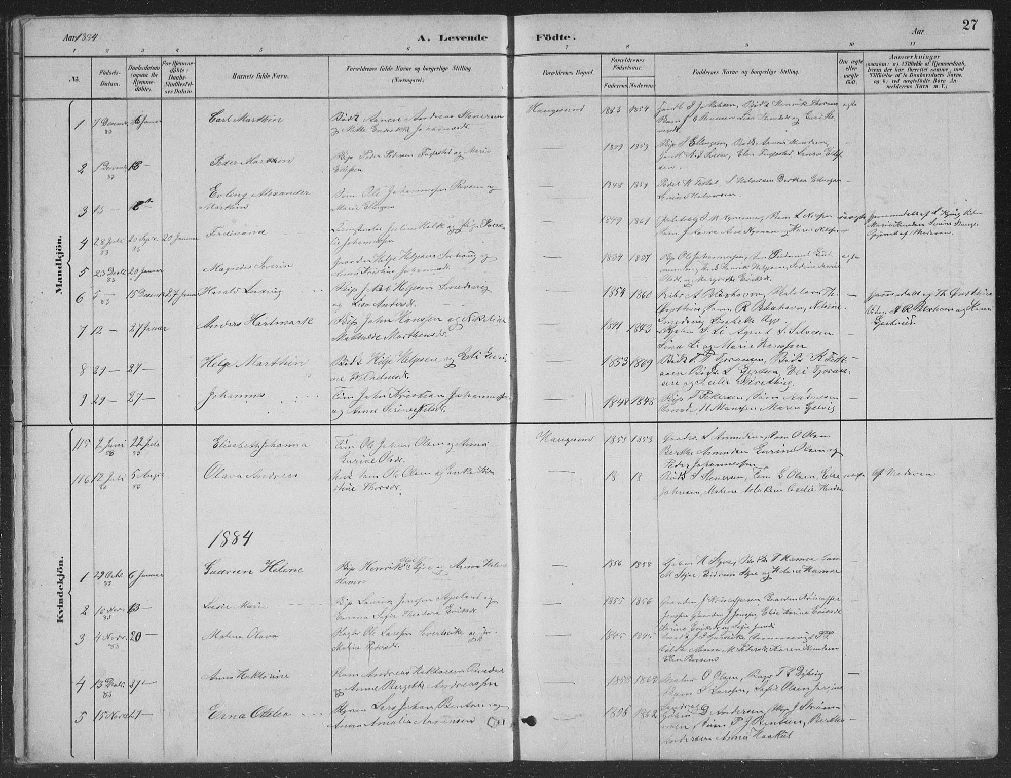 Haugesund sokneprestkontor, AV/SAST-A -101863/H/Ha/Hab/L0002: Parish register (copy) no. B 2, 1881-1894, p. 27