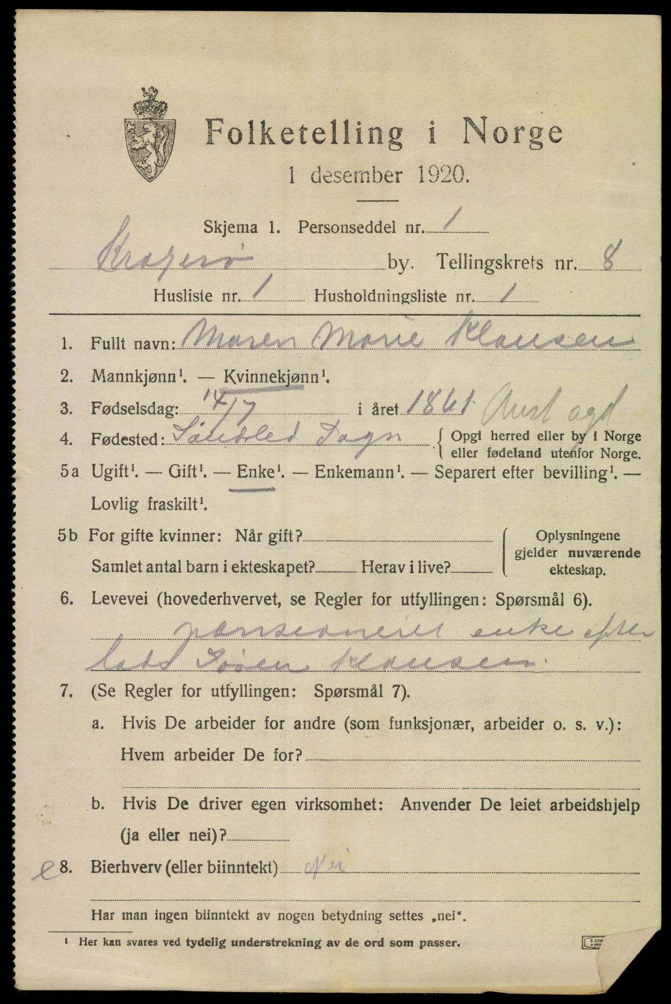 SAKO, 1920 census for Kragerø, 1920, p. 11103