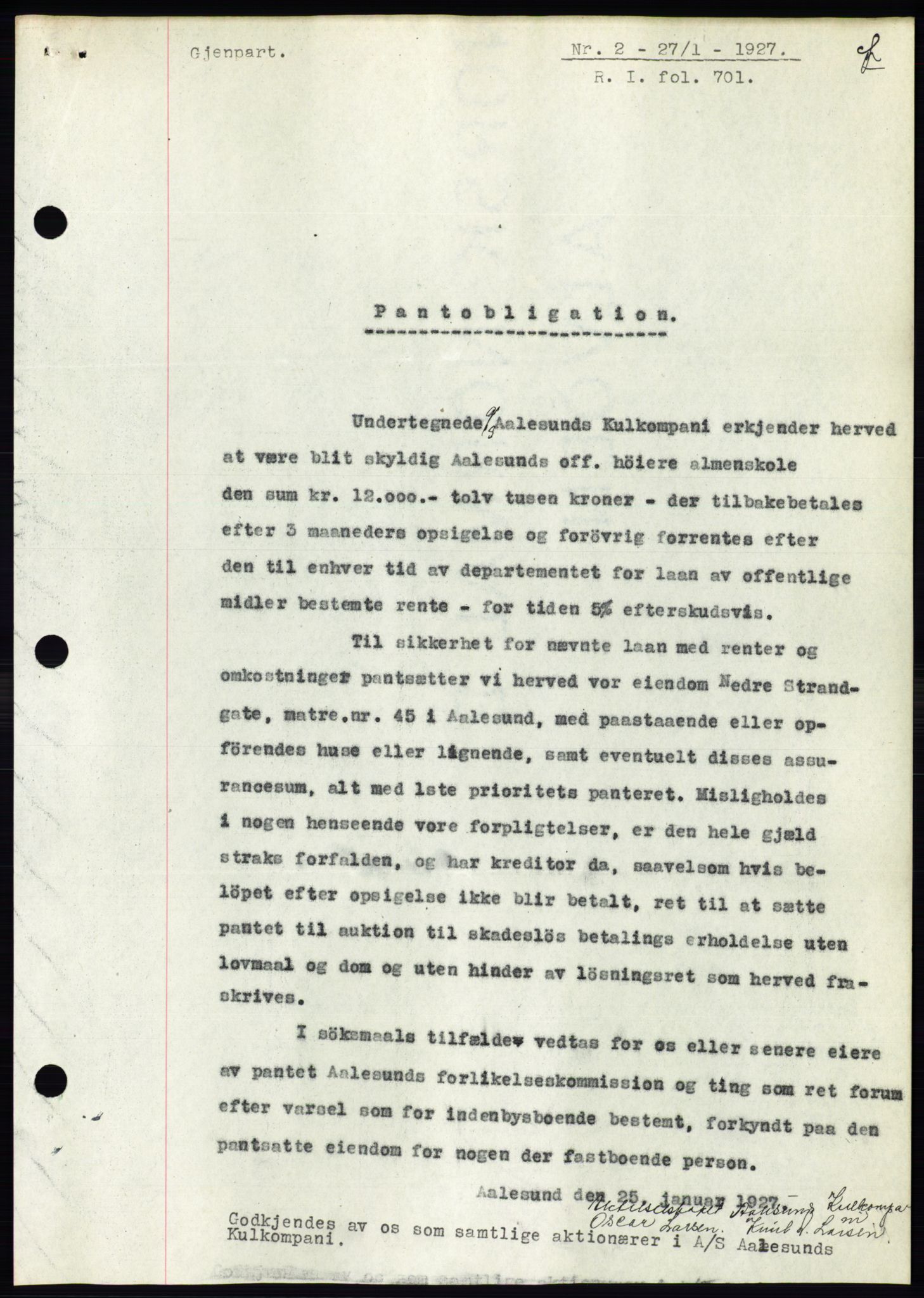 Ålesund byfogd, AV/SAT-A-4384: Mortgage book no. 21, 1926-1927, Deed date: 27.01.1927