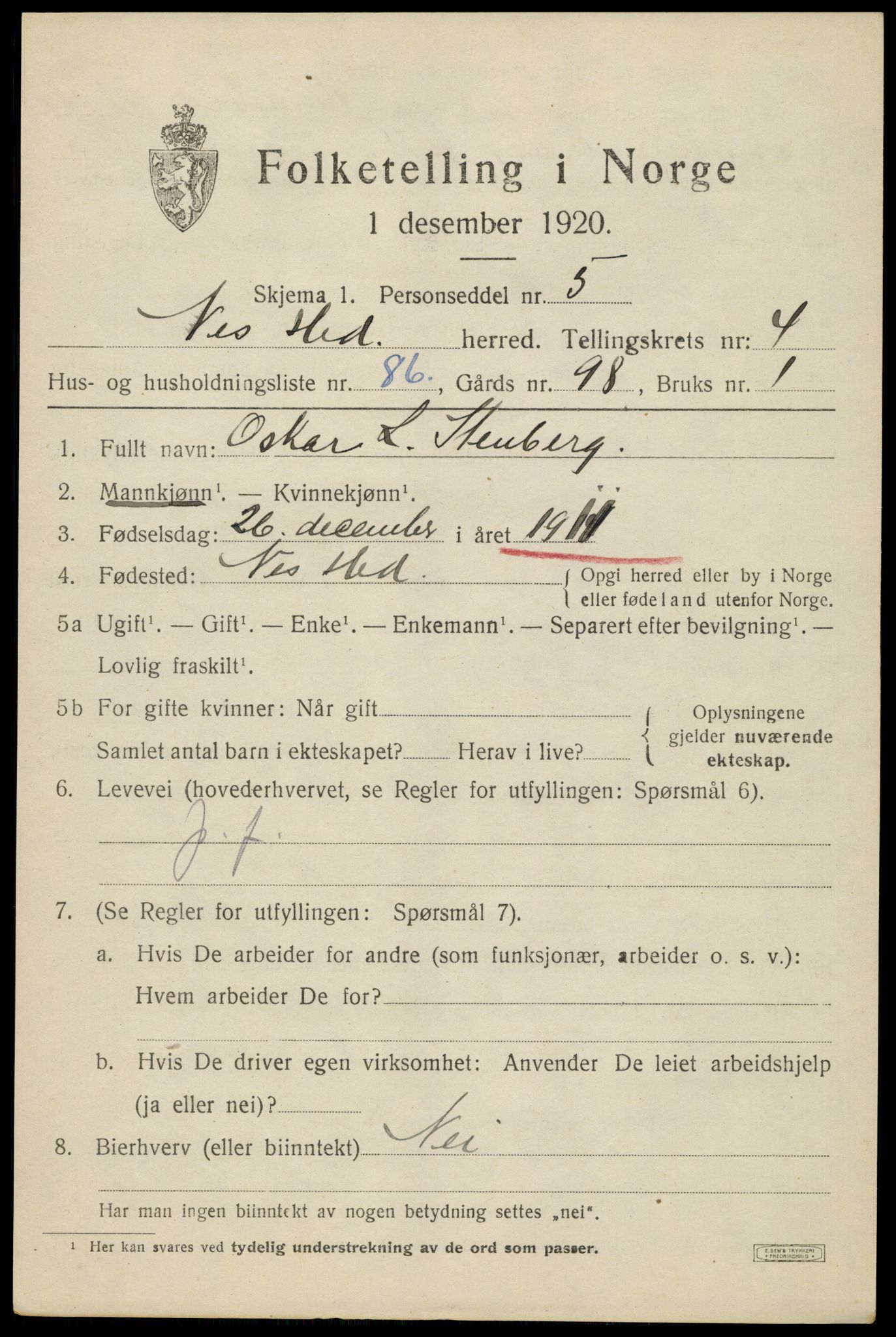 SAH, 1920 census for Nes (Hedmark), 1920, p. 6562