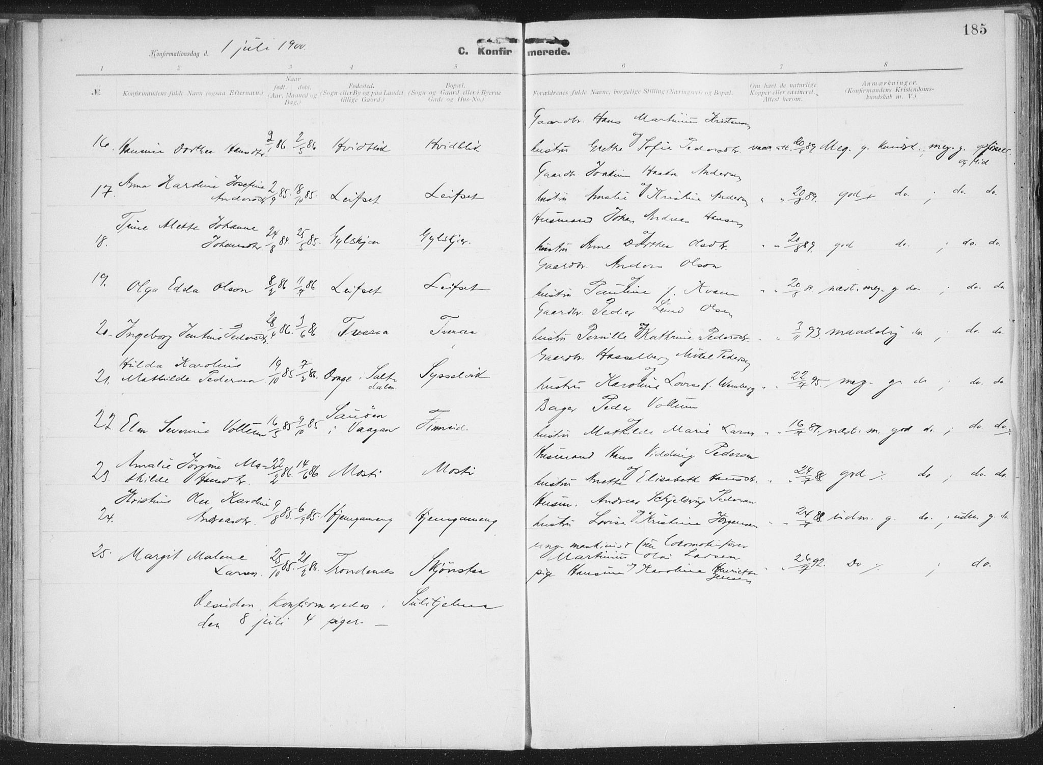 Ministerialprotokoller, klokkerbøker og fødselsregistre - Nordland, AV/SAT-A-1459/849/L0696: Parish register (official) no. 849A08, 1898-1910, p. 185