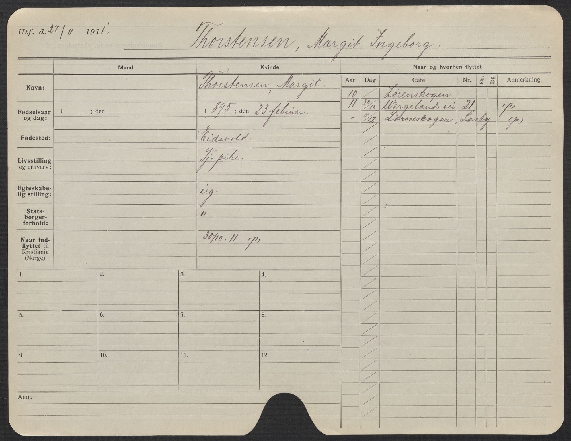 Oslo folkeregister, Registerkort, AV/SAO-A-11715/F/Fa/Fac/L0025: Kvinner, 1906-1914, p. 227a