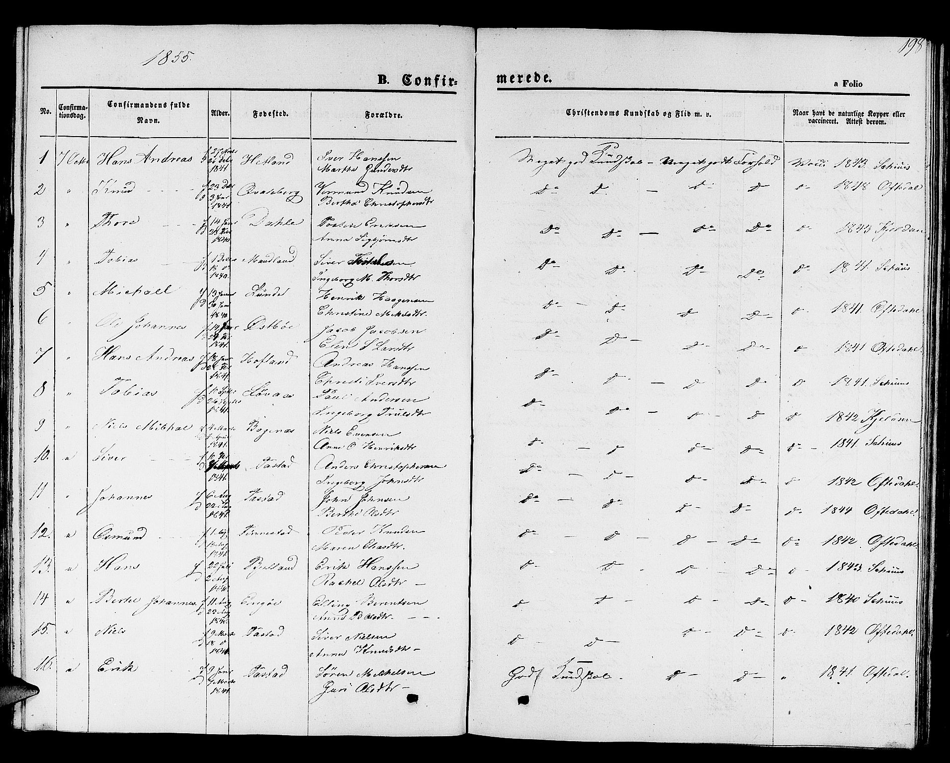 Hetland sokneprestkontor, SAST/A-101826/30/30BB/L0001: Parish register (copy) no. B 1, 1850-1868, p. 198