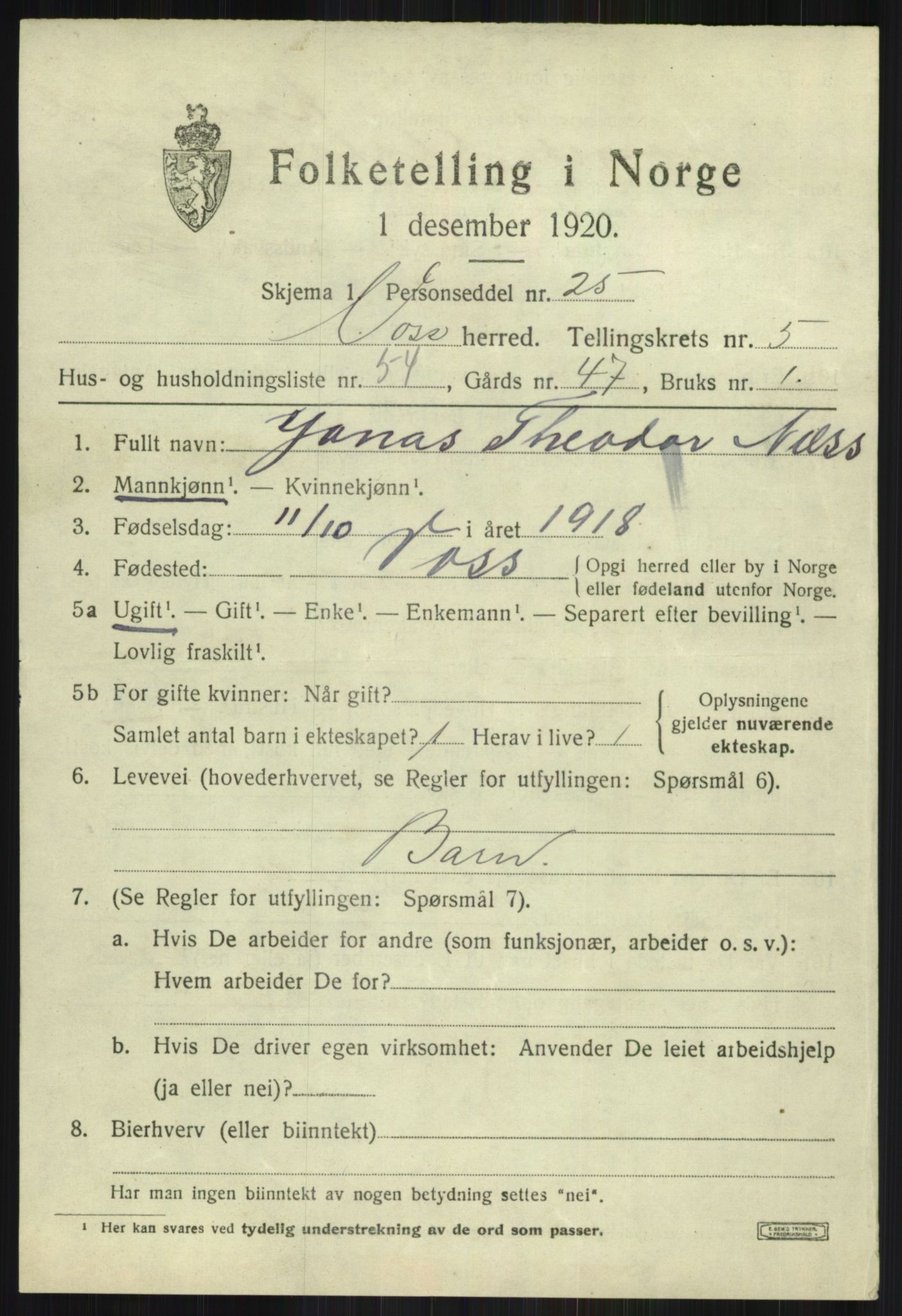 SAB, 1920 census for Voss, 1920, p. 5921