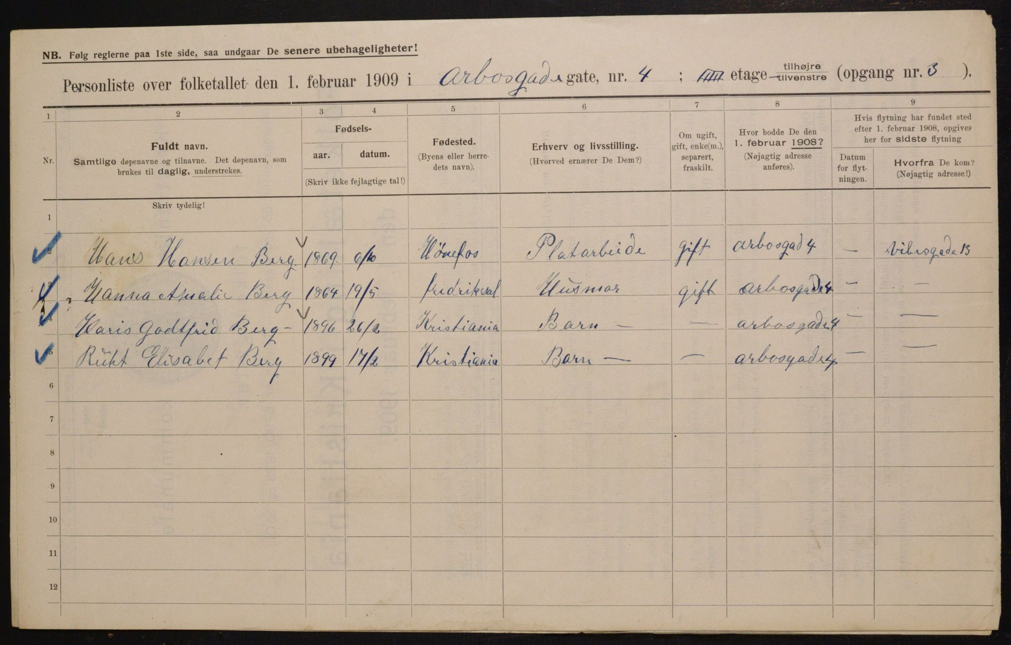 OBA, Municipal Census 1909 for Kristiania, 1909, p. 1859