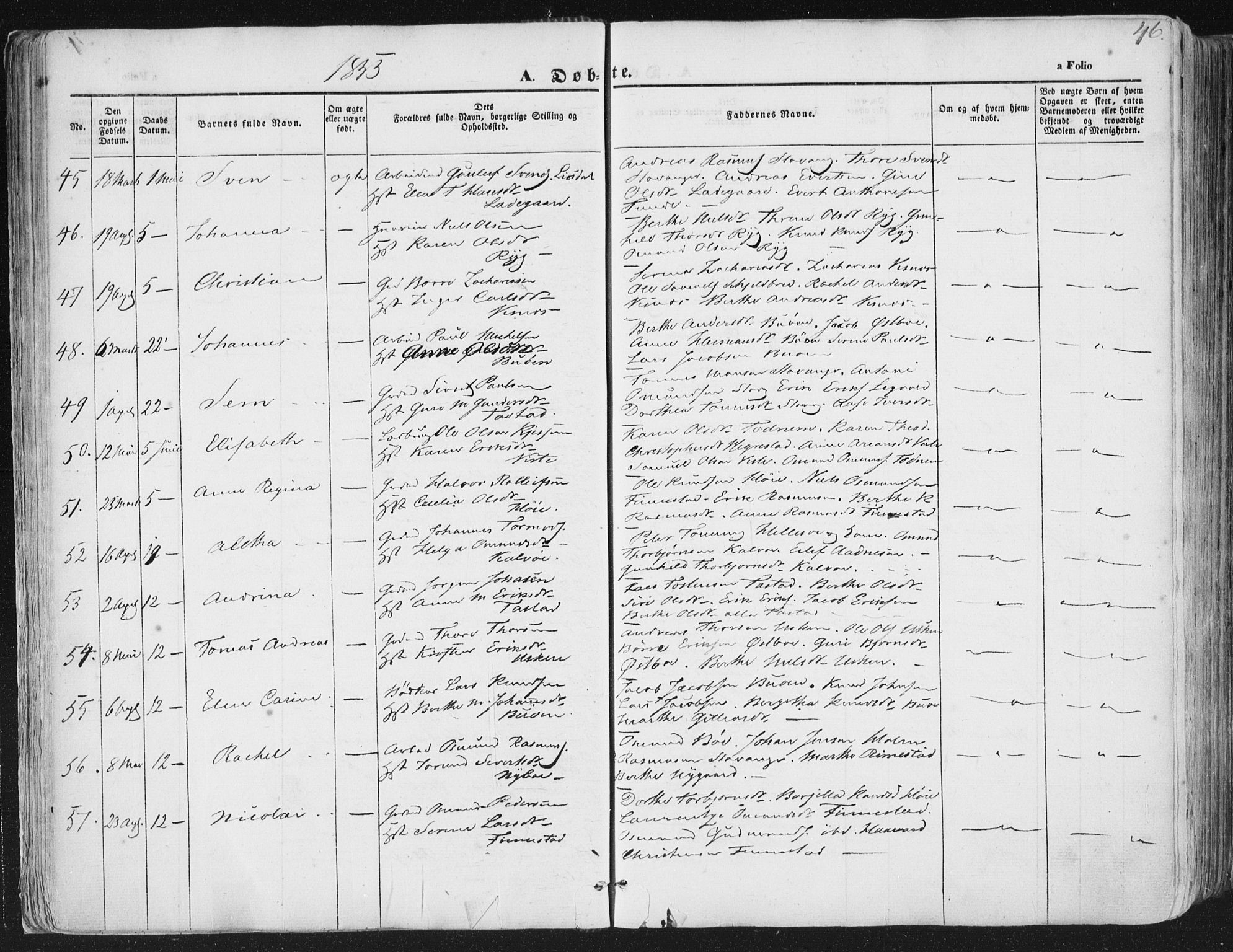 Hetland sokneprestkontor, AV/SAST-A-101826/30/30BA/L0002: Parish register (official) no. A 2, 1849-1869, p. 46