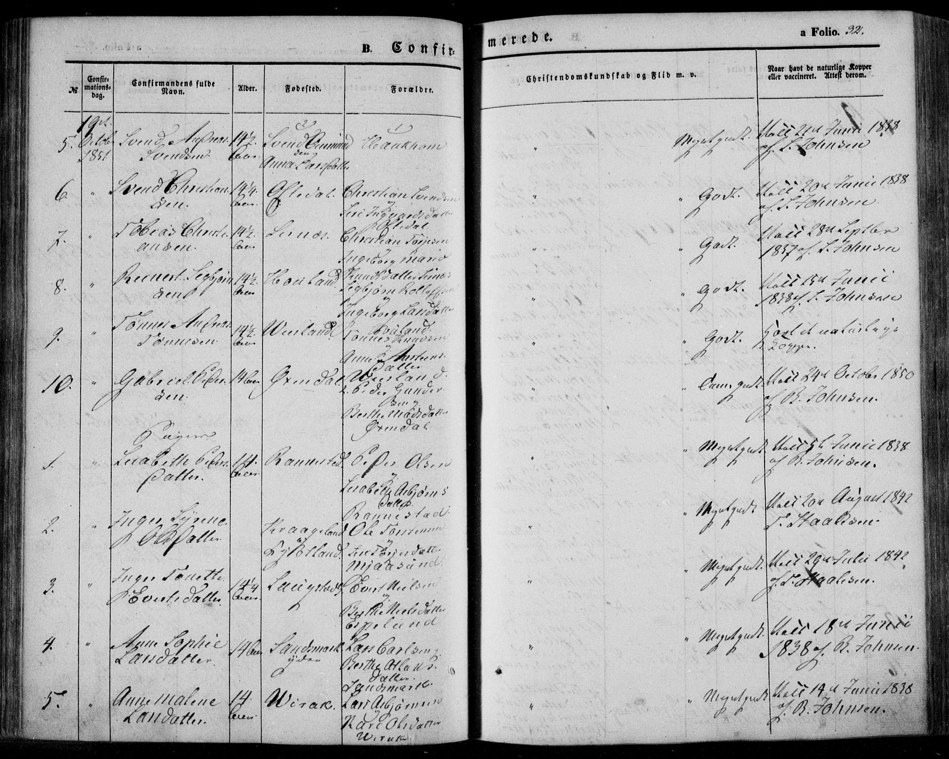 Bakke sokneprestkontor, AV/SAK-1111-0002/F/Fa/Faa/L0005: Parish register (official) no. A 5, 1847-1855, p. 32