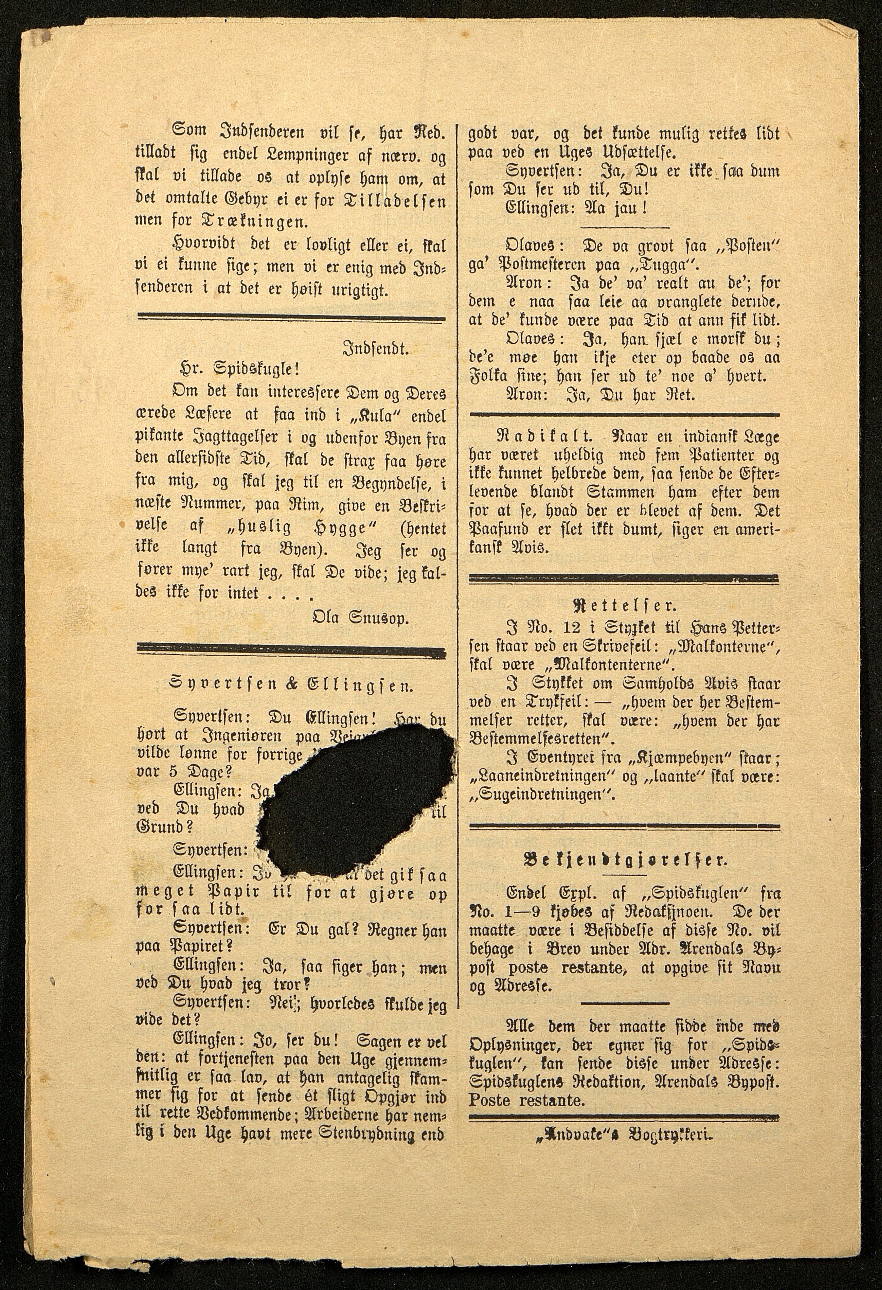 Spidskuglen, AAKS/PA-2823/X/L0001/0001: Spidskuglen / Årg. 1887, nr. 1–2, 4–23, 25–36, 1887