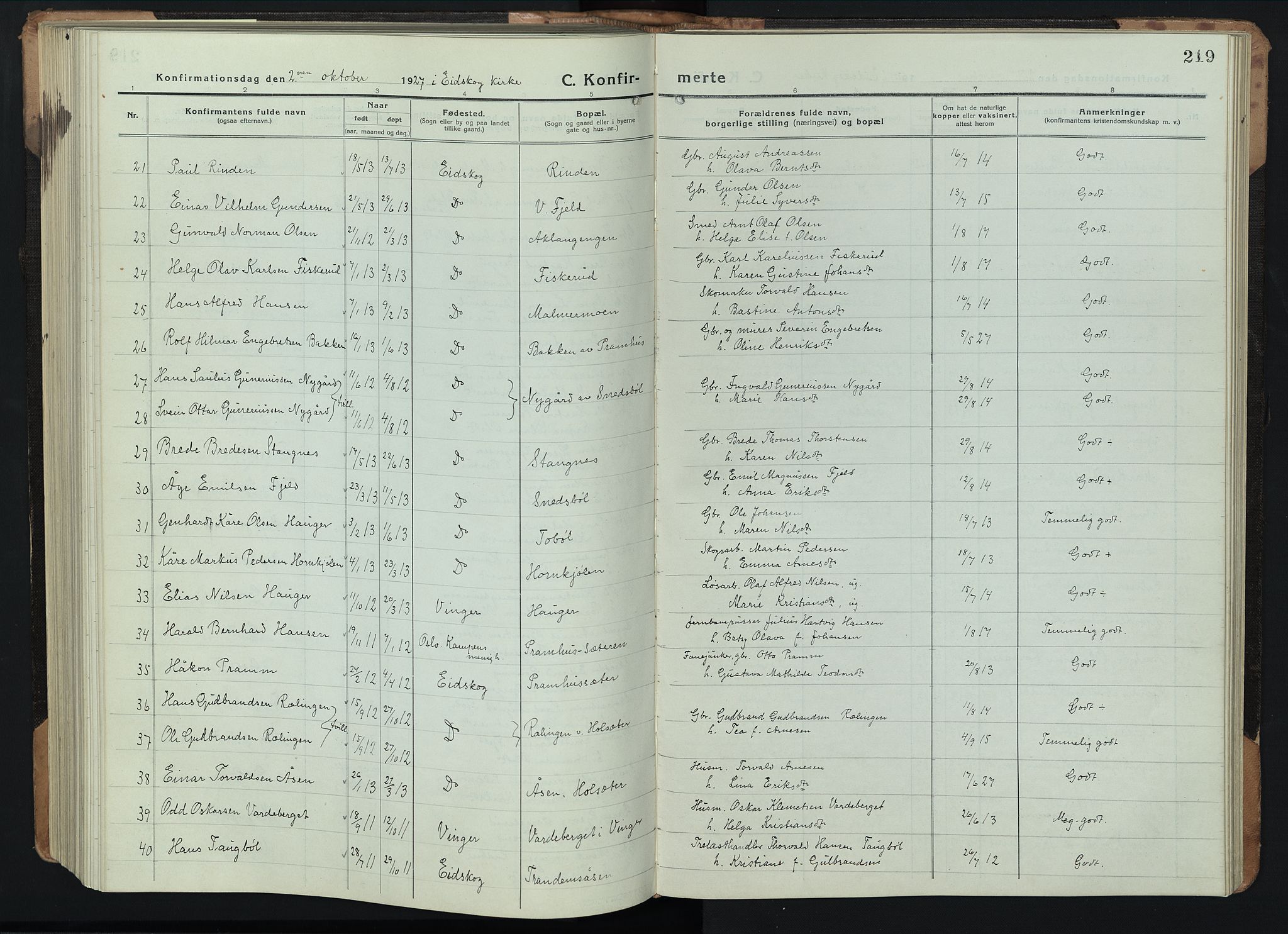 Eidskog prestekontor, SAH/PREST-026/H/Ha/Hab/L0005: Parish register (copy) no. 5, 1916-1946, p. 219