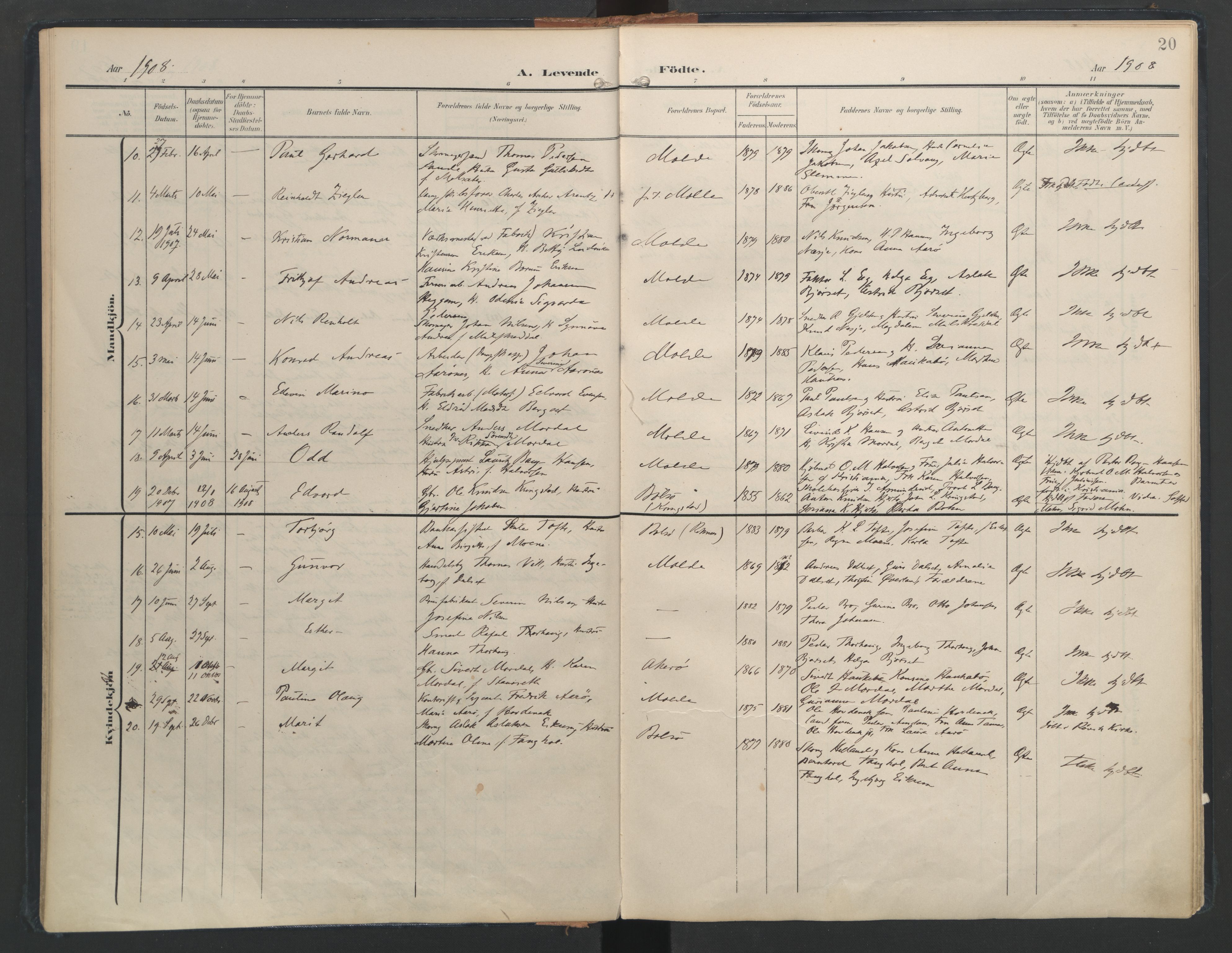 Ministerialprotokoller, klokkerbøker og fødselsregistre - Møre og Romsdal, SAT/A-1454/558/L0693: Parish register (official) no. 558A07, 1903-1917, p. 20